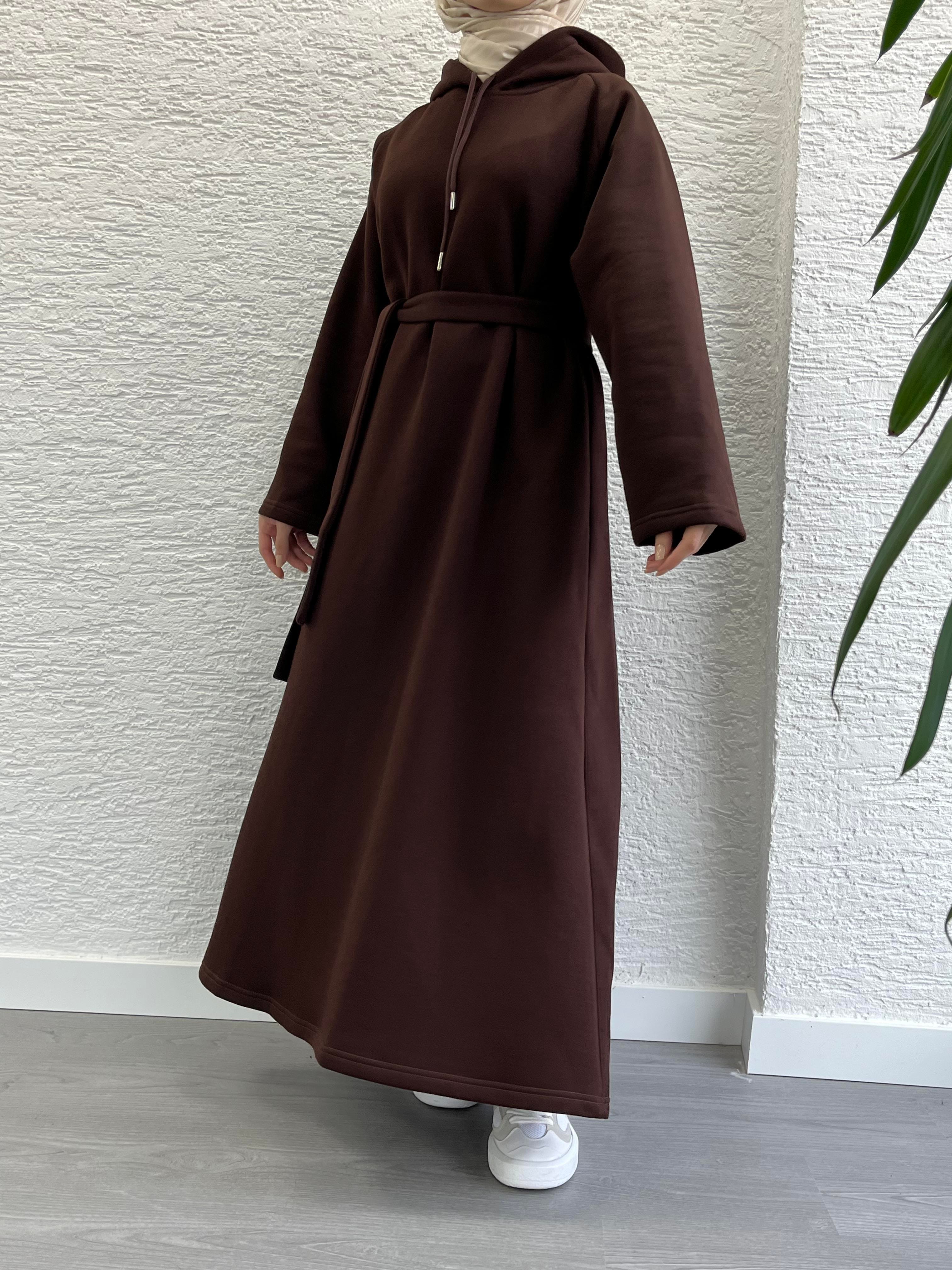 Kahve Kapşonlu Oversize Sweat Elbise