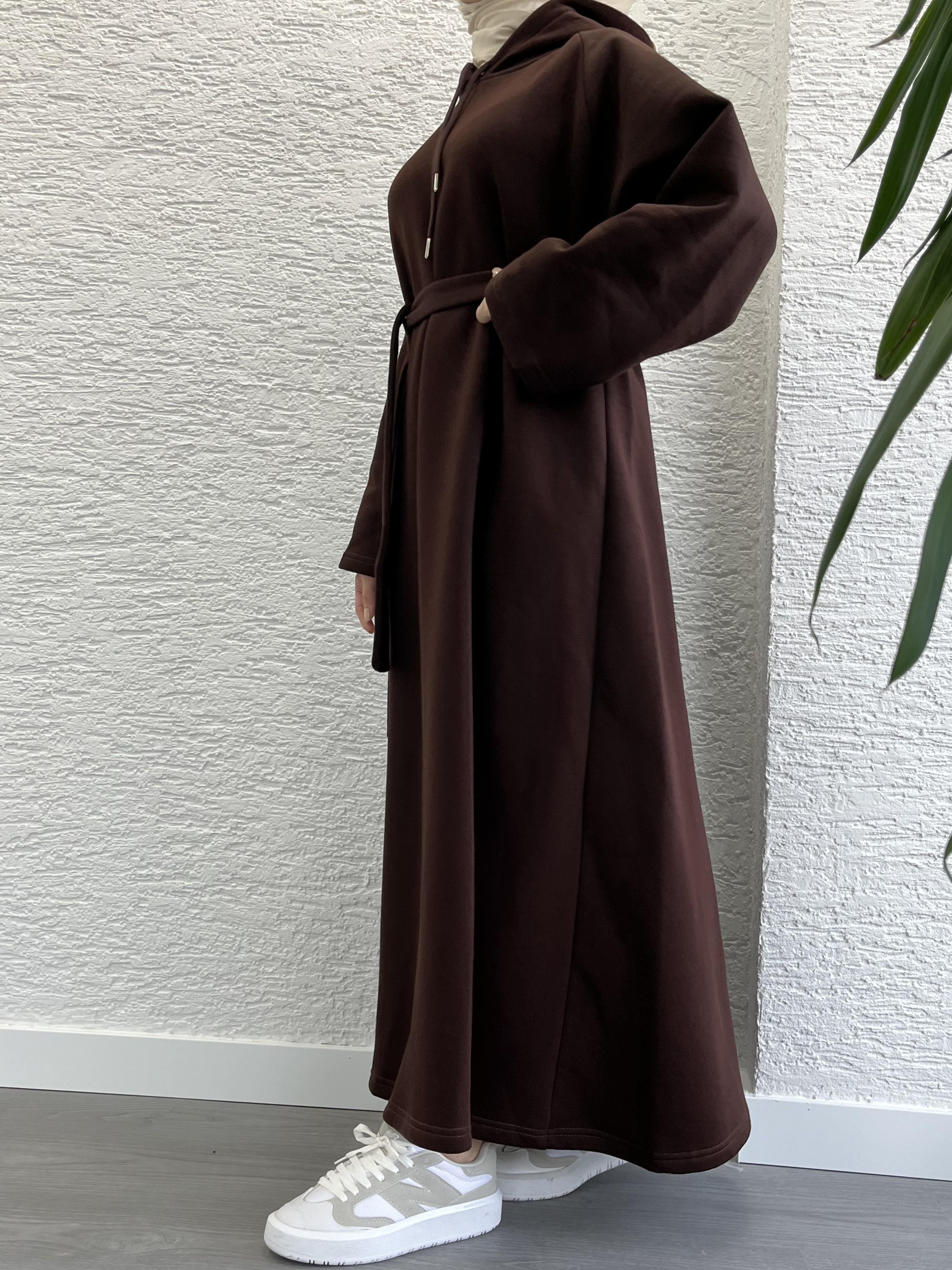 Kahve Kapşonlu Oversize Sweat Elbise