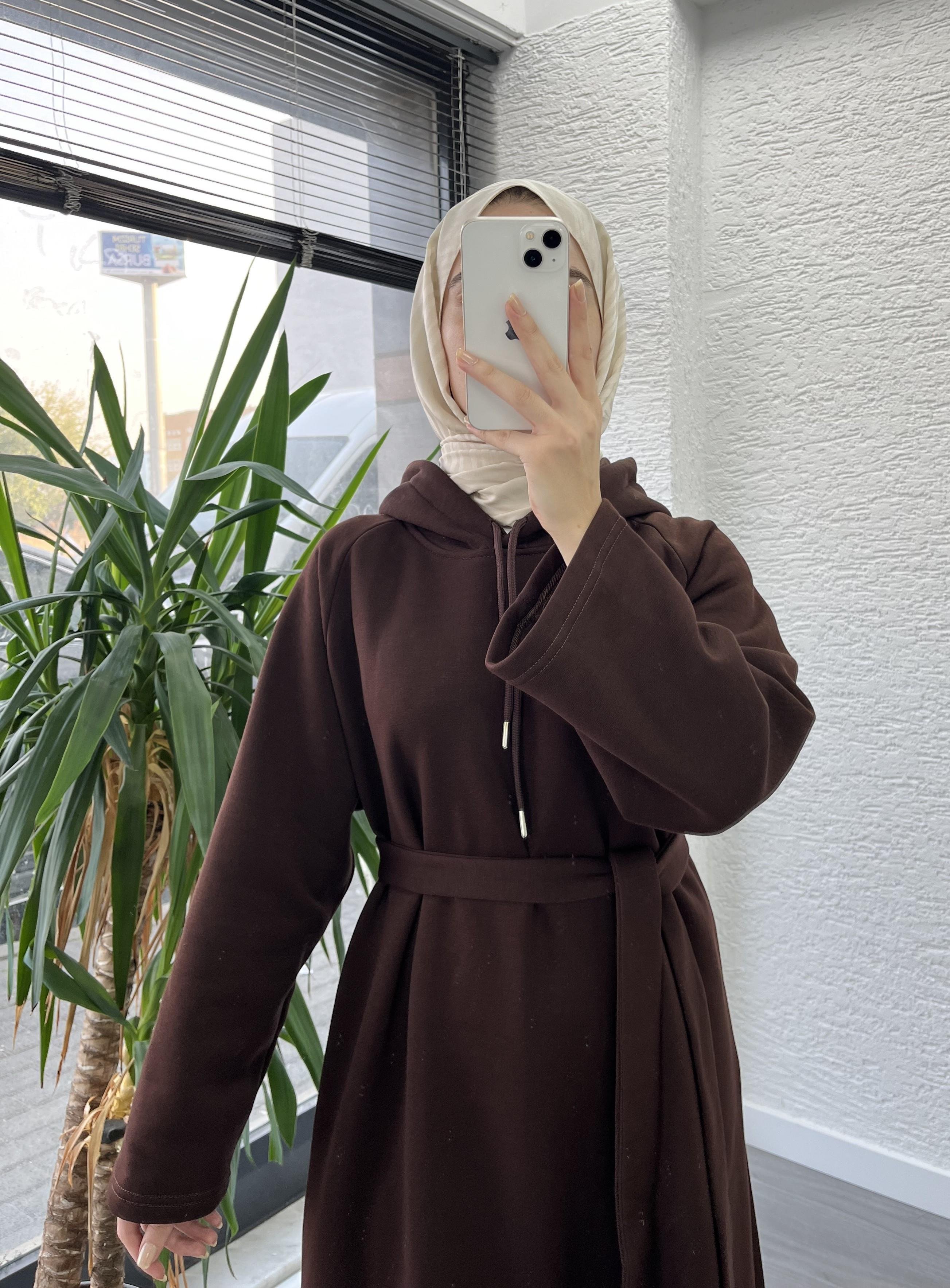 Kahve Kapşonlu Oversize Sweat Elbise