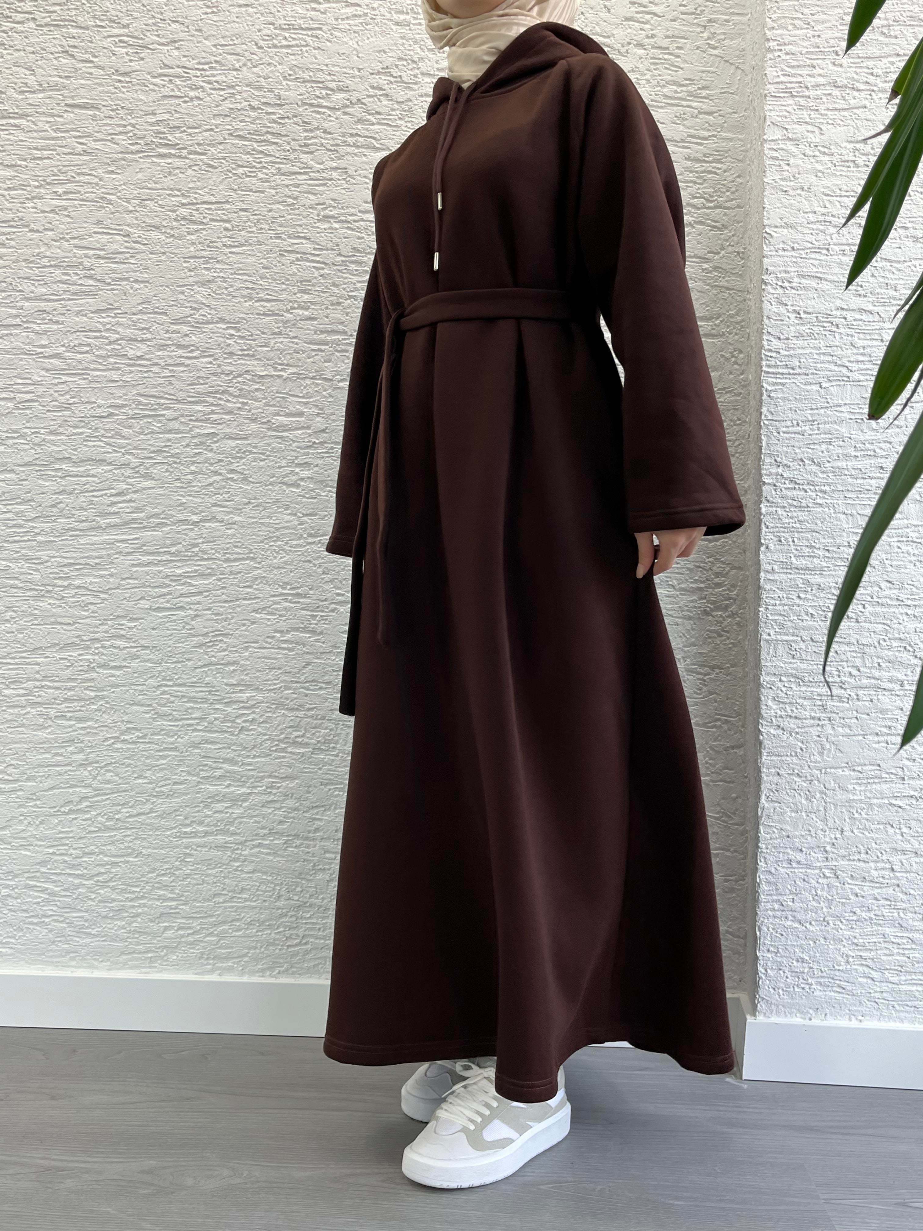 Kahve Kapşonlu Oversize Sweat Elbise