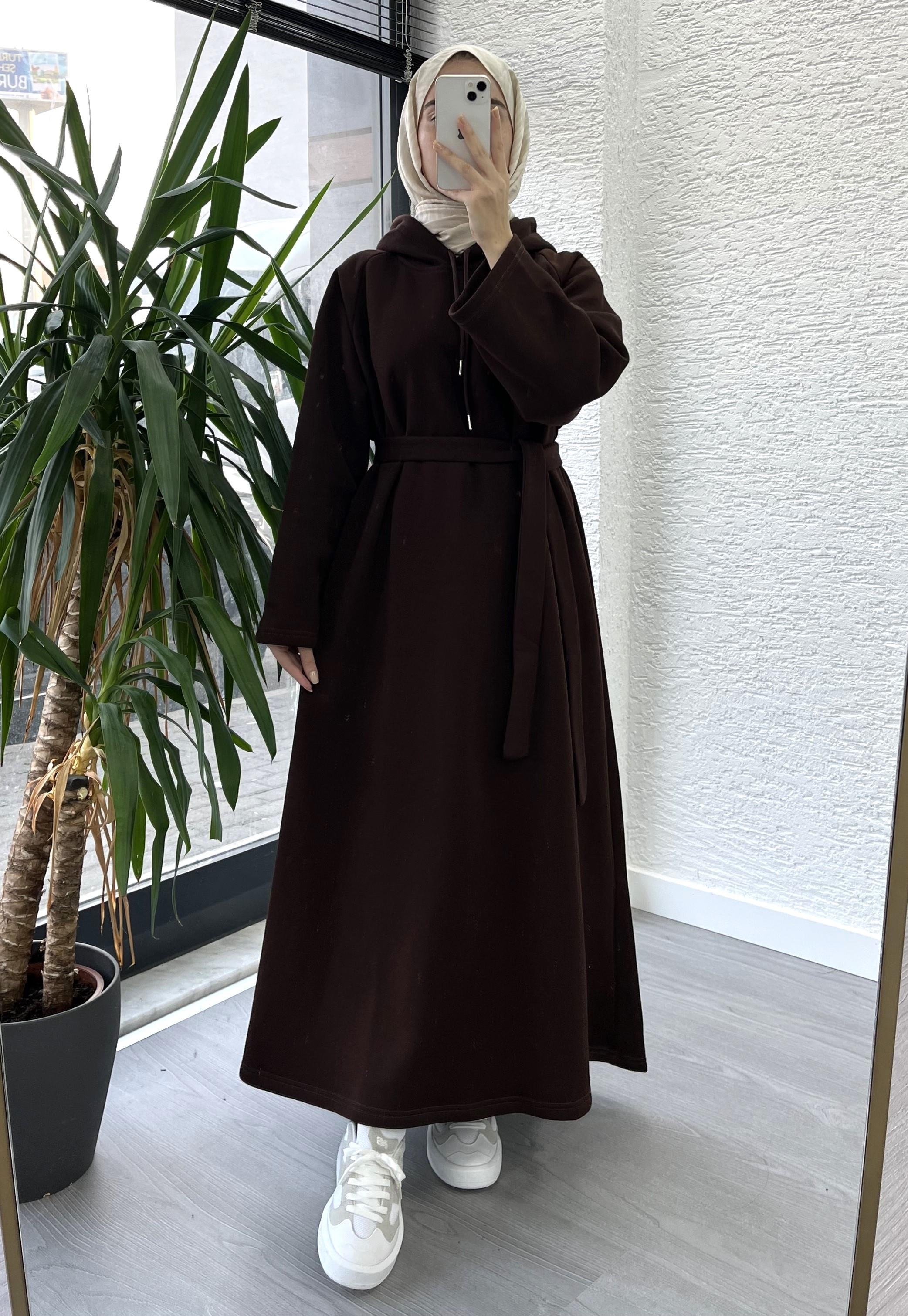 Kahve Kapşonlu Oversize Sweat Elbise