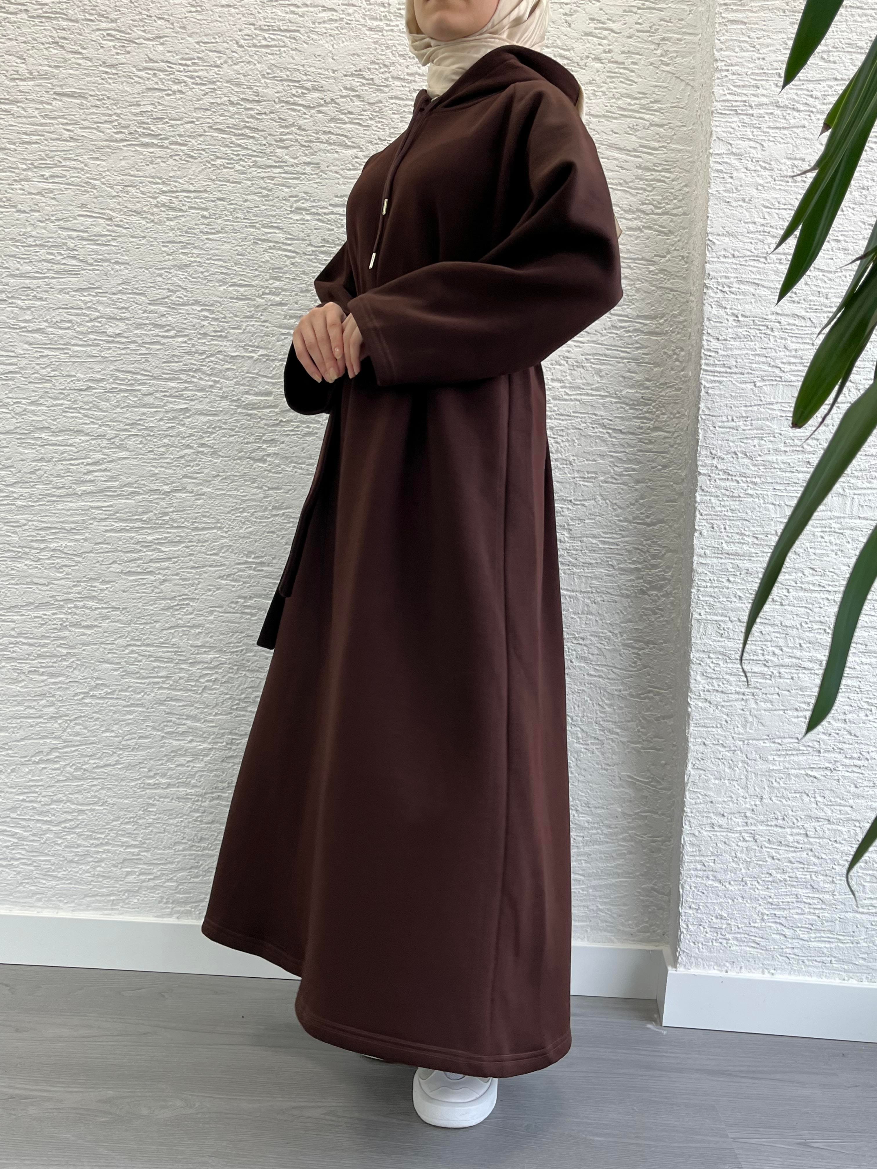 Kahve Kapşonlu Oversize Sweat Elbise