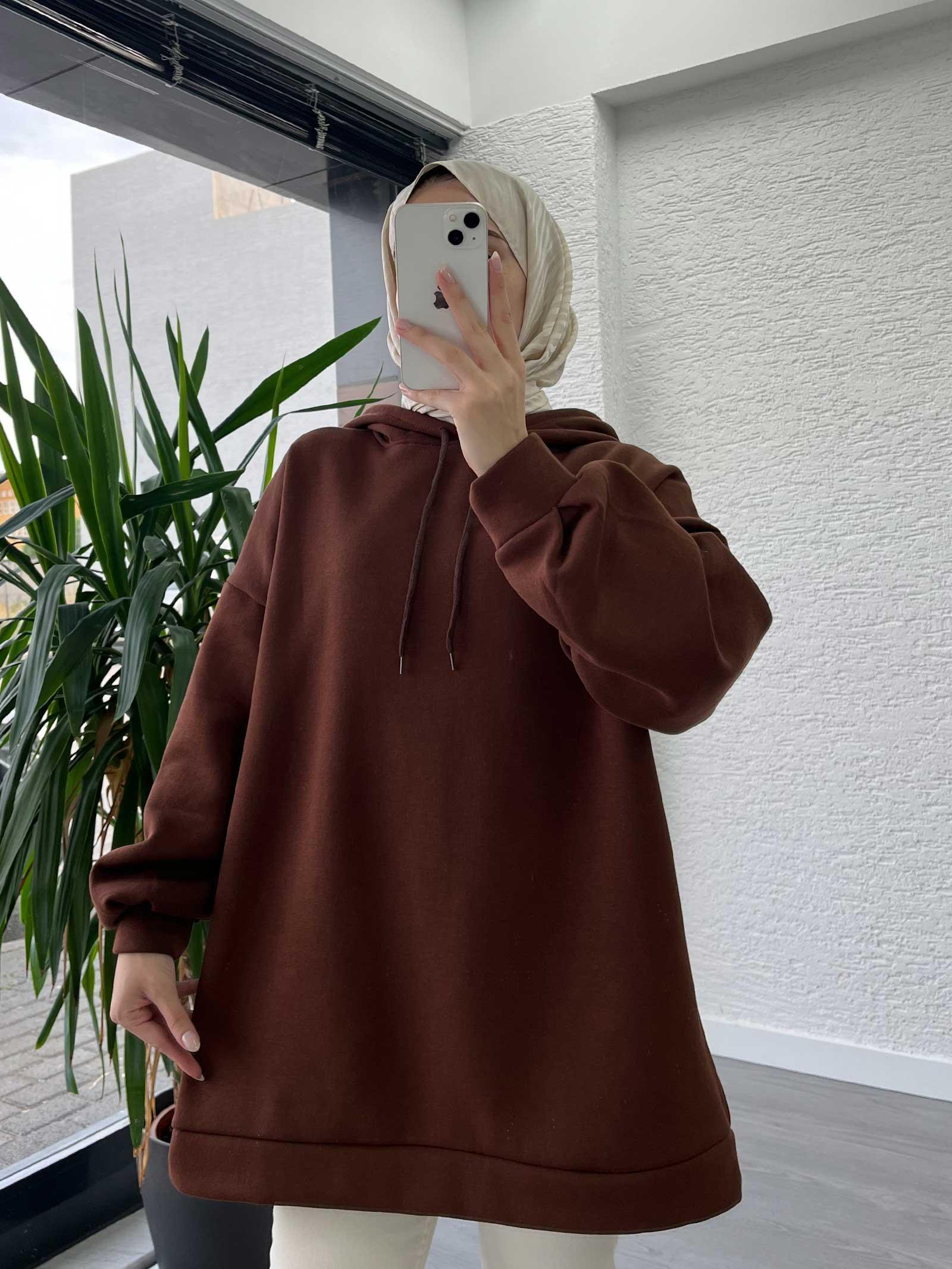 Kahve Oversize Kapüşonlu Sweat