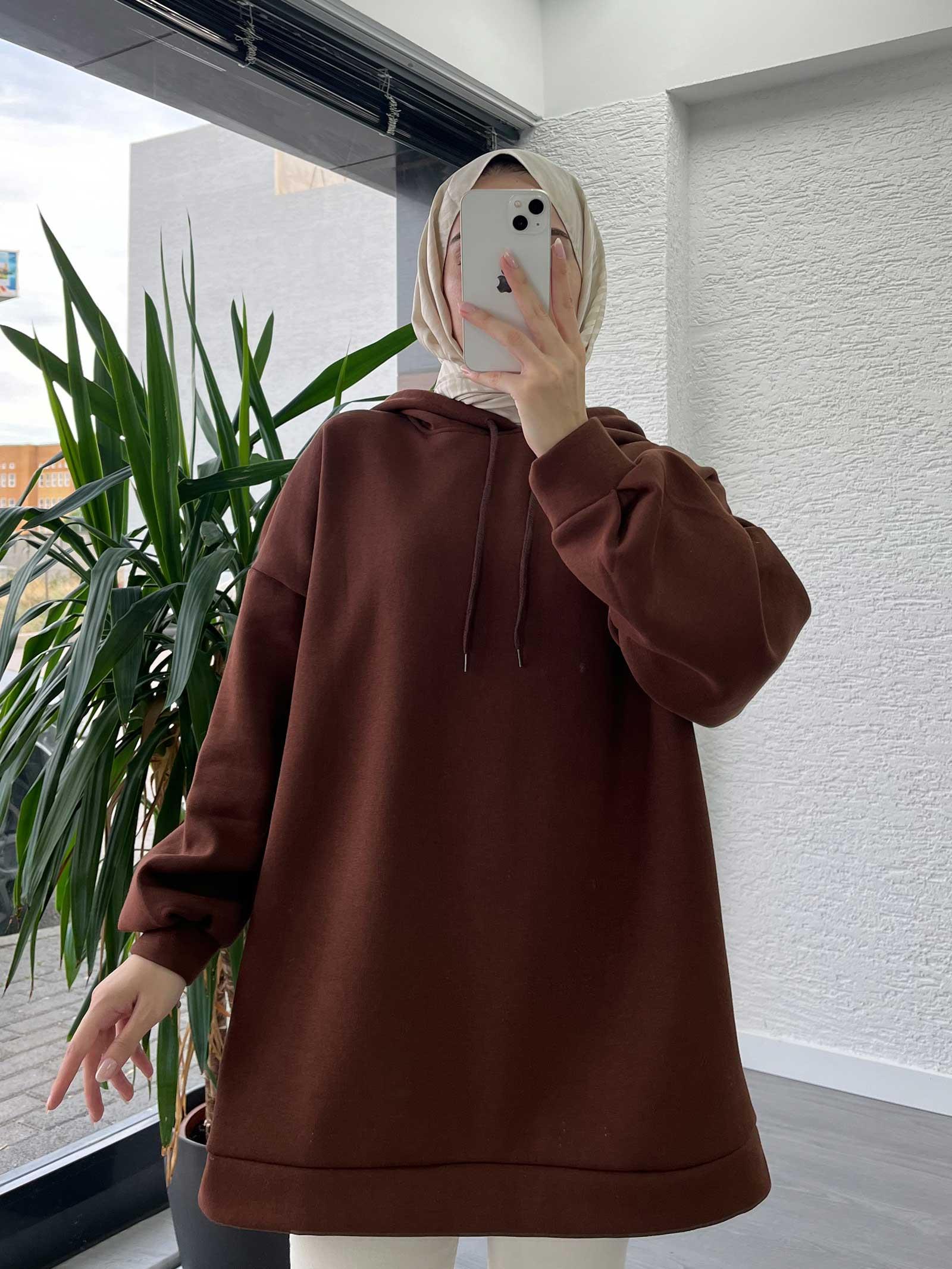 Kahve Oversize Kapüşonlu Sweat