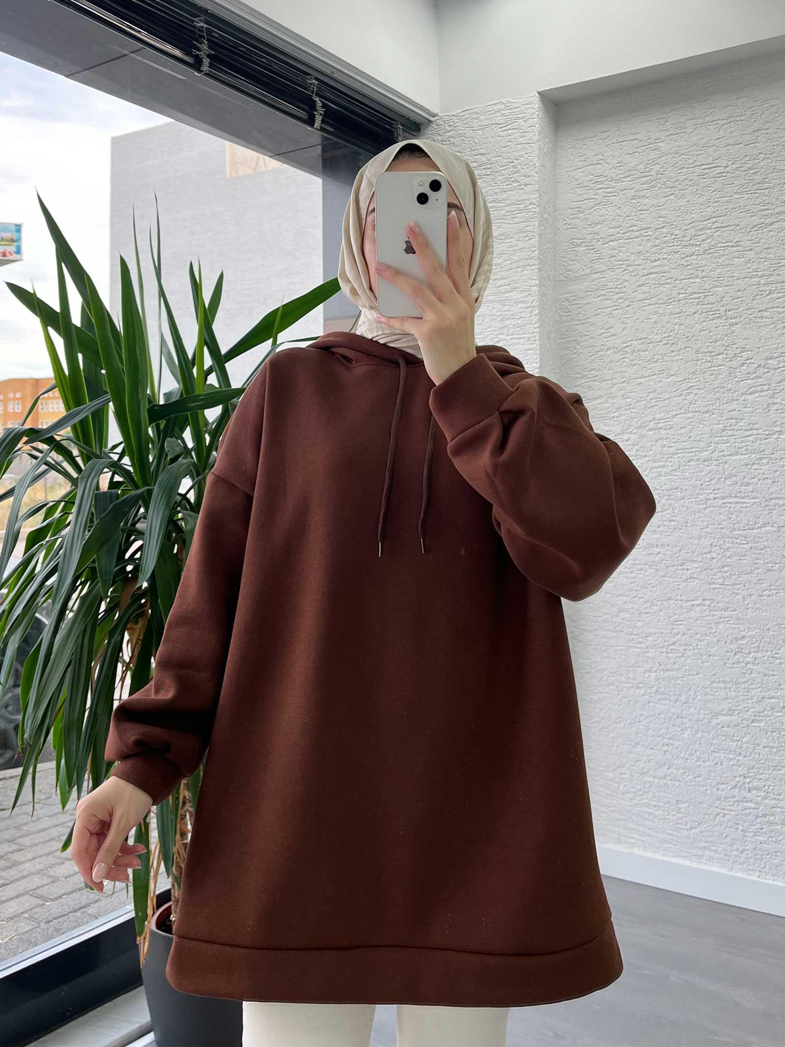 Kahve Oversize Kapüşonlu Sweat