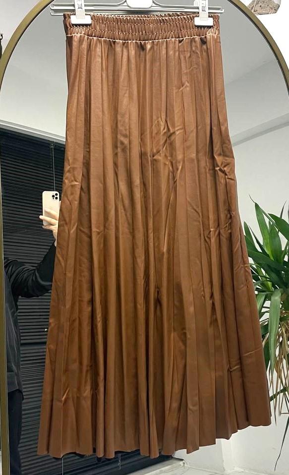 Kahve Pileli Deri Etek