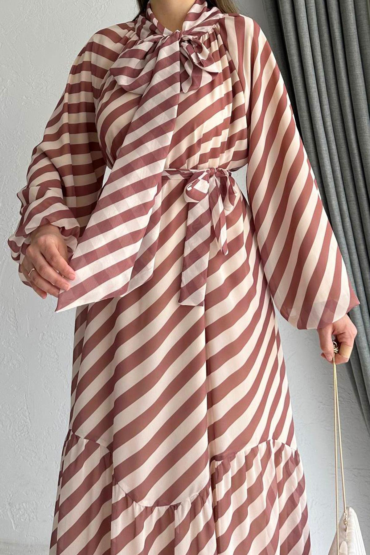 Kahverengi Ahu Çizgili Şifon Elbise 