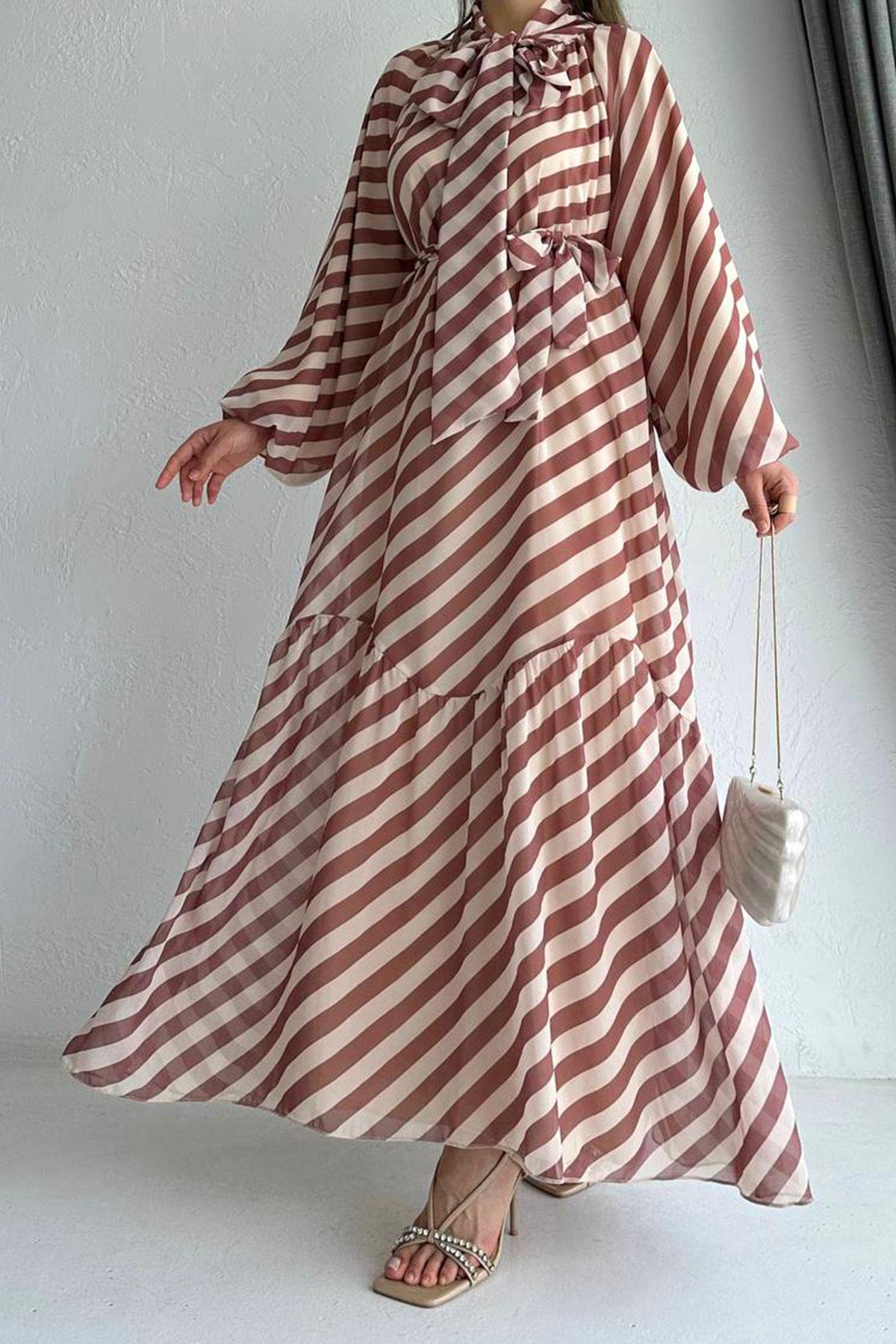 Kahverengi Ahu Çizgili Şifon Elbise 