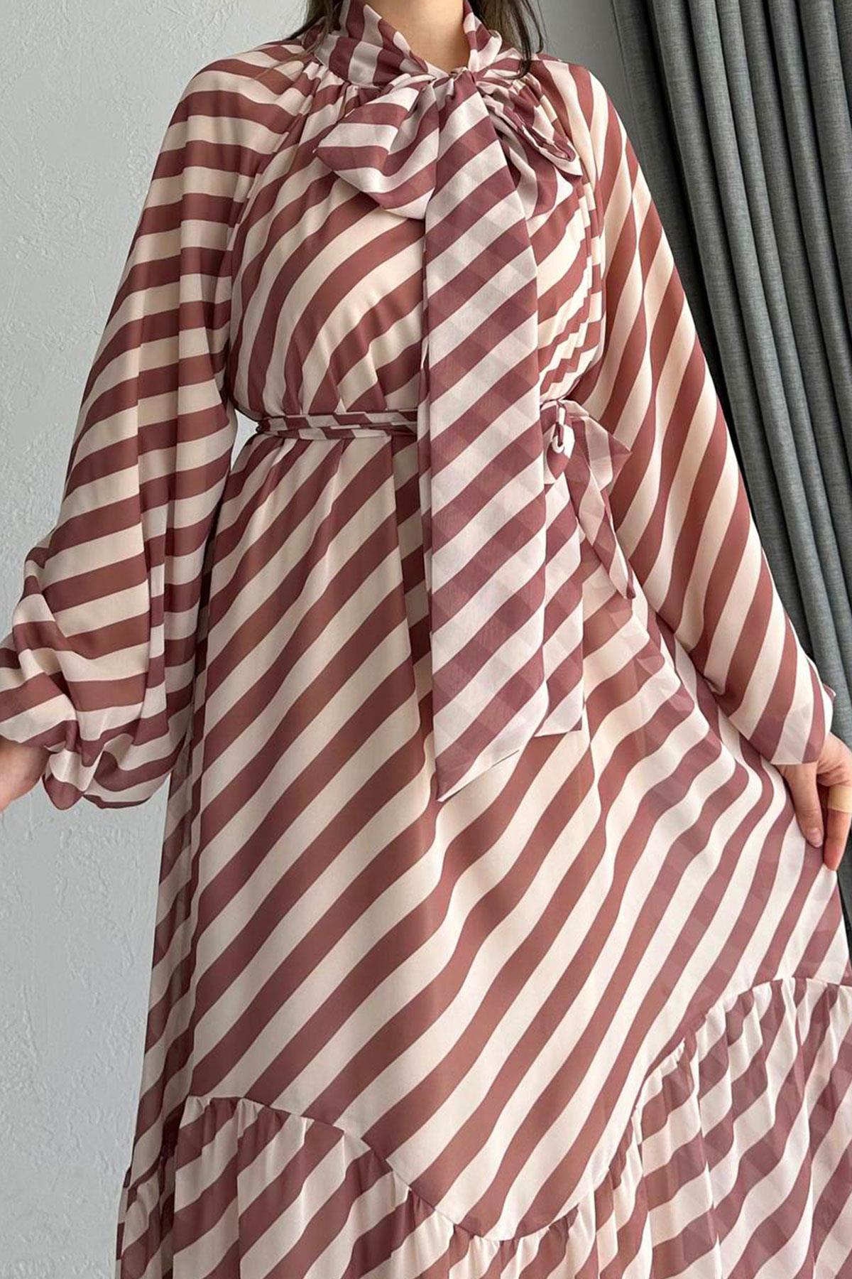 Kahverengi Ahu Çizgili Şifon Elbise 