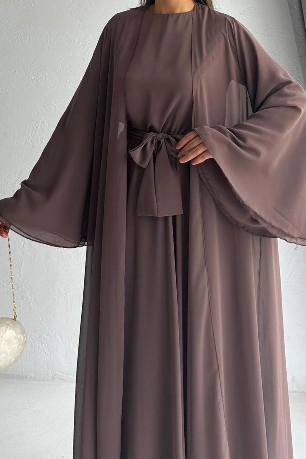 Kahverengi Bella Şifon Abaya Takım 