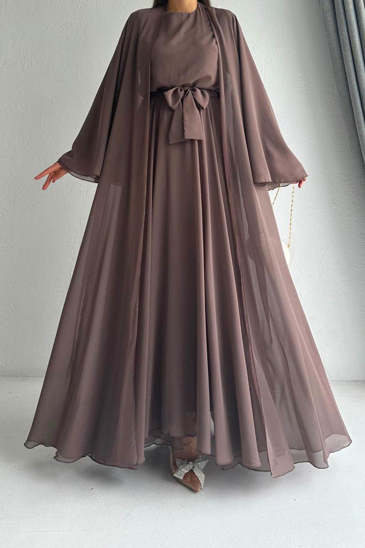 Kahverengi Bella Şifon Abaya Takım 