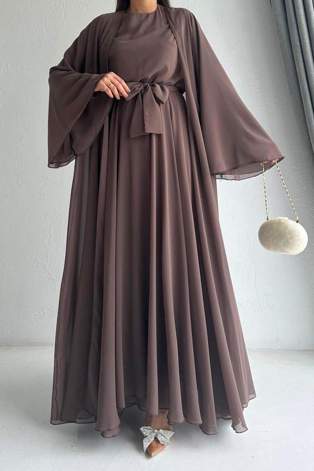 Kahverengi Bella Şifon Abaya Takım 