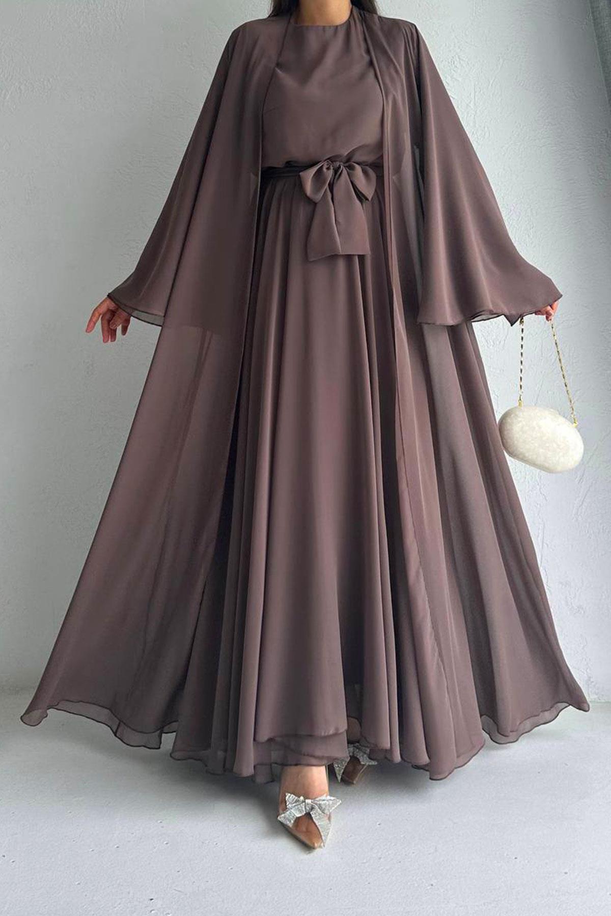 Kahverengi Bella Şifon Abaya Takım 
