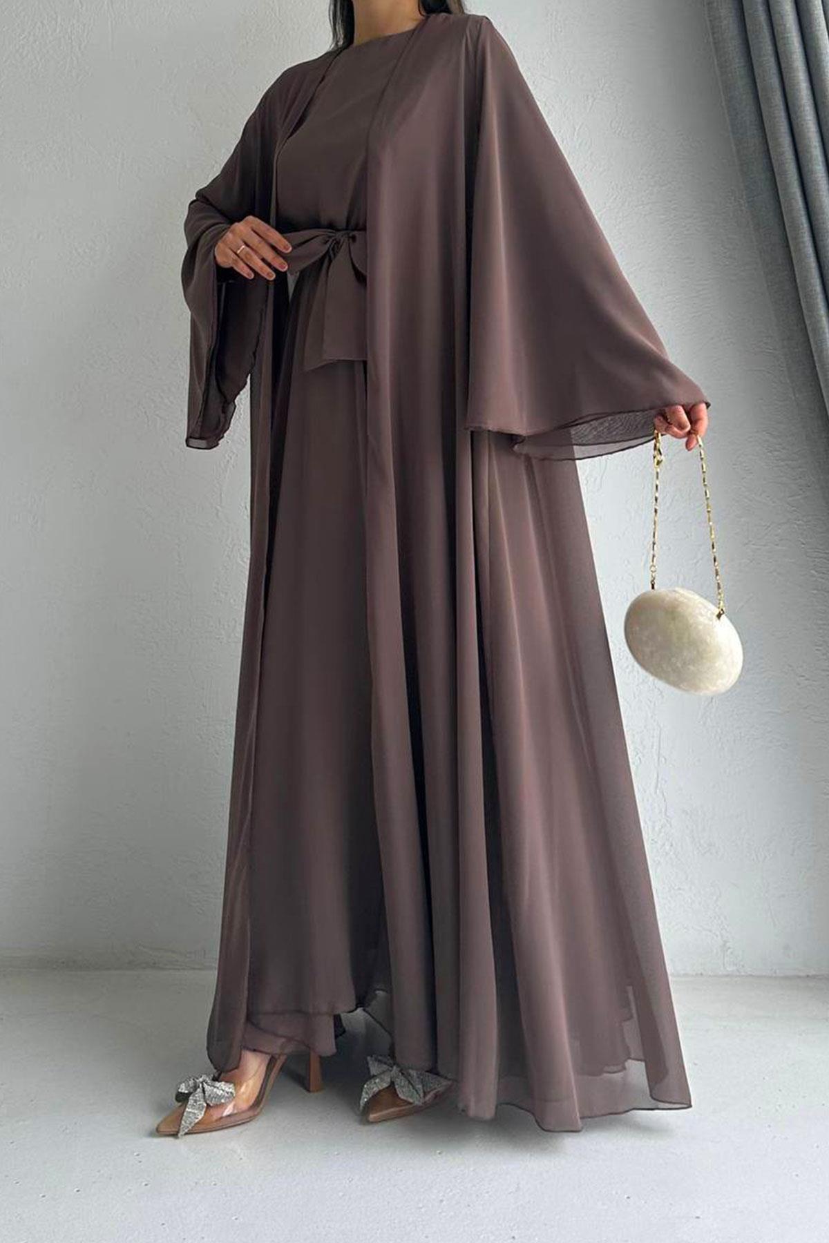 Kahverengi Bella Şifon Abaya Takım 