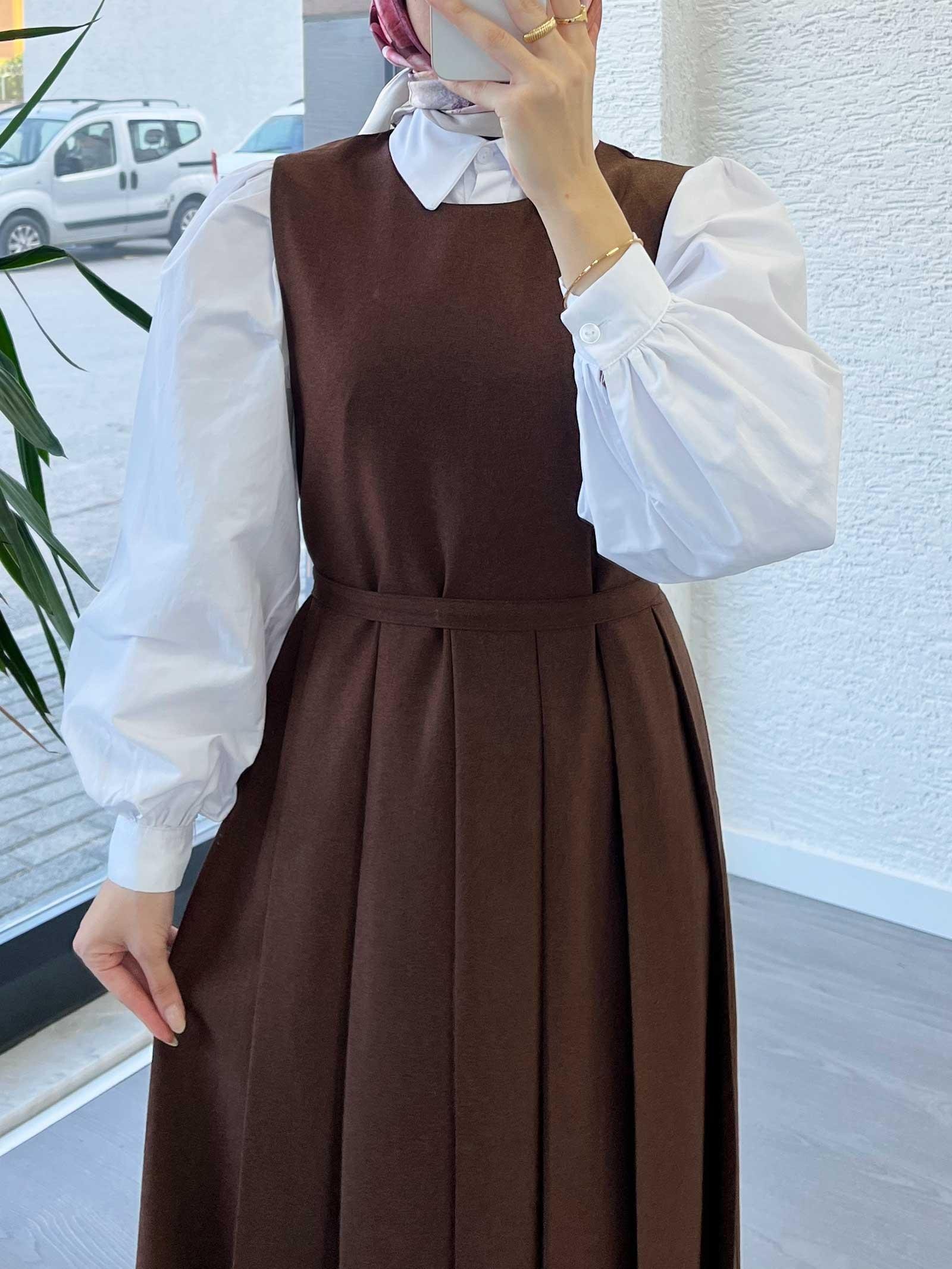 Kahverengi Kadın Pileli Jile Elbise