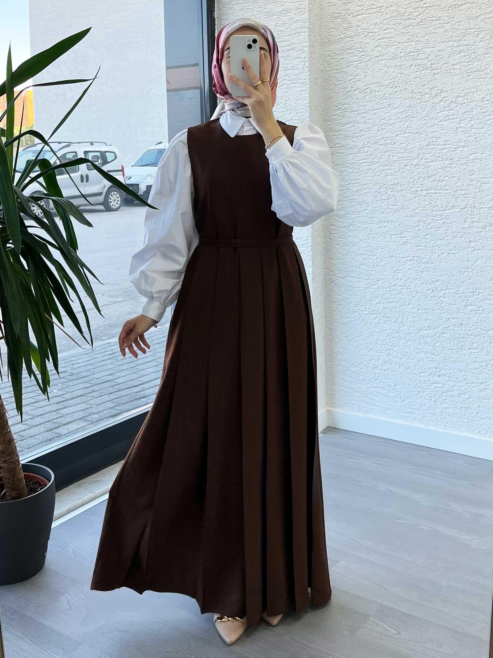 Kahverengi Kadın Pileli Jile Elbise