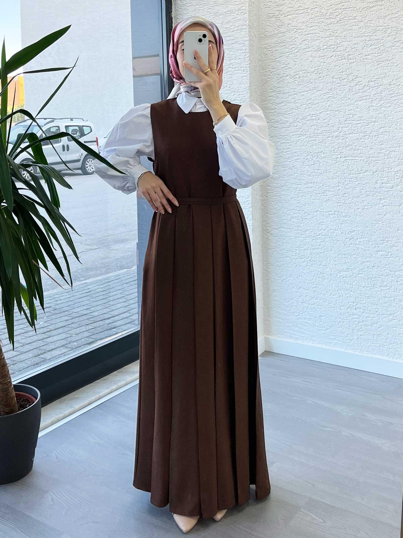 Kahverengi Kadın Pileli Jile Elbise