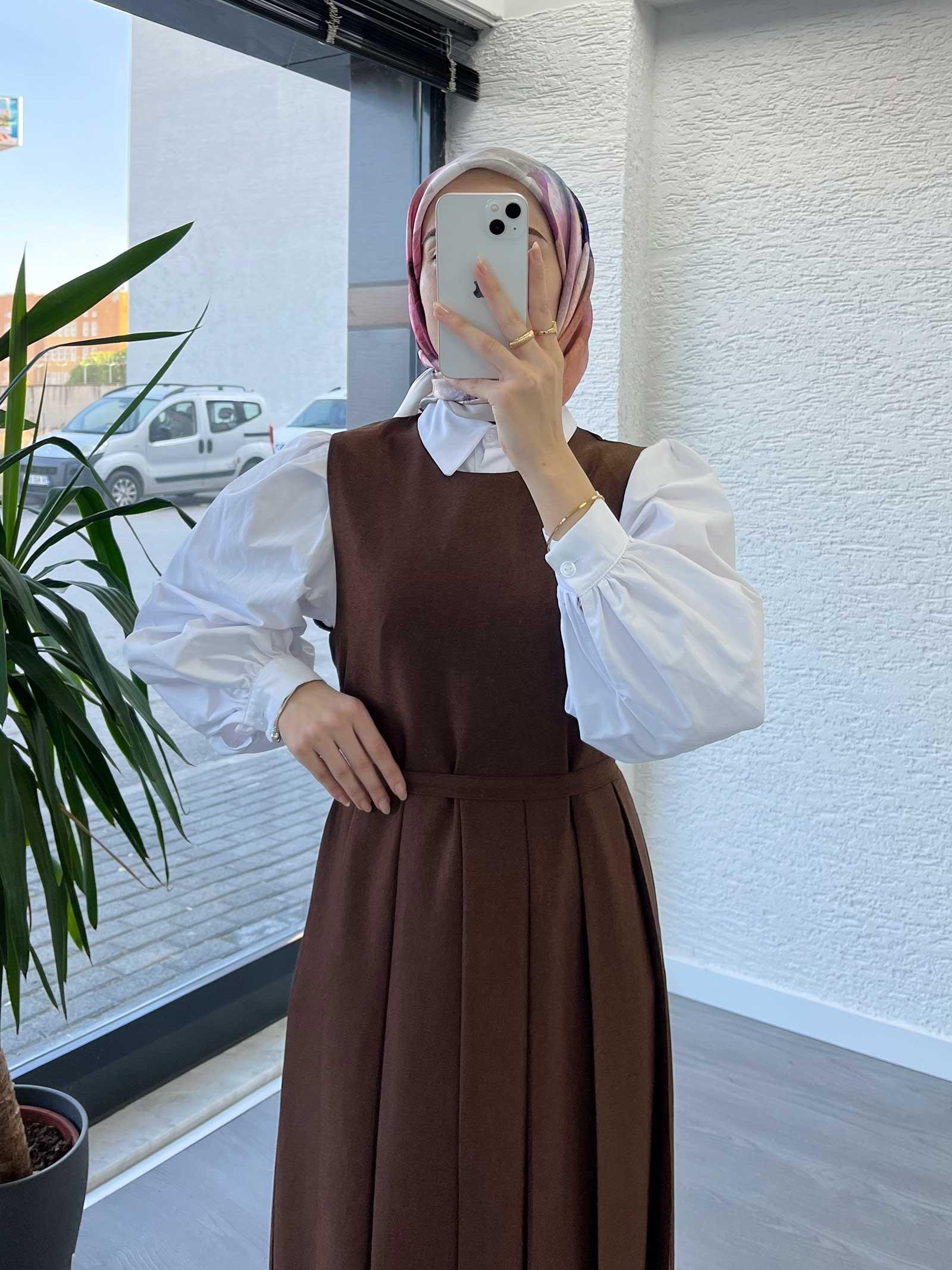 Kahverengi Kadın Pileli Jile Elbise