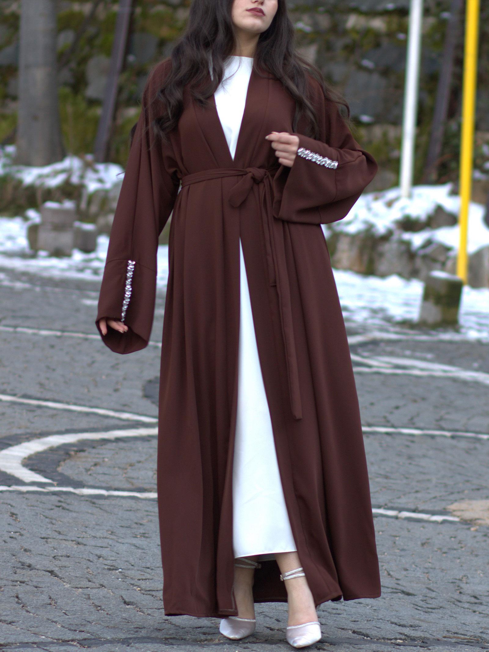 Kahverengi Kolu Taşlı Ala Abaya