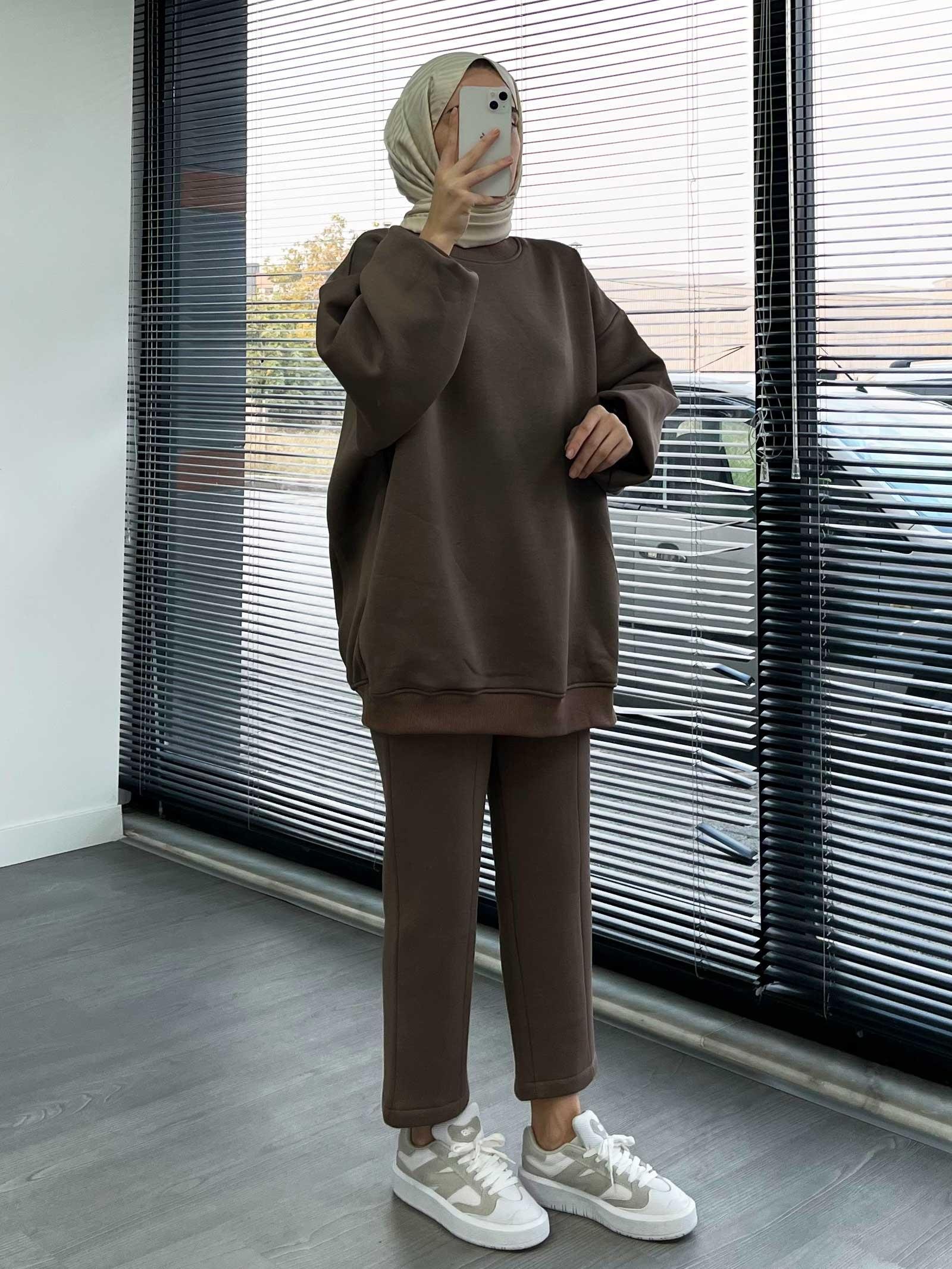 Kahverengi Rahat ve Şık Kadın İkili Eşofman Takımı