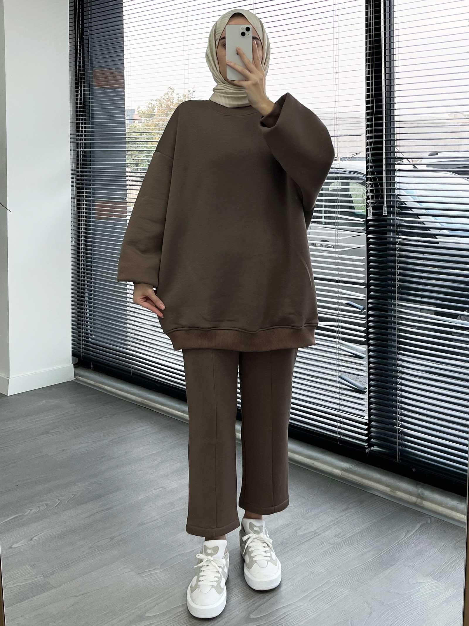 Kahverengi Rahat ve Şık Kadın İkili Eşofman Takımı