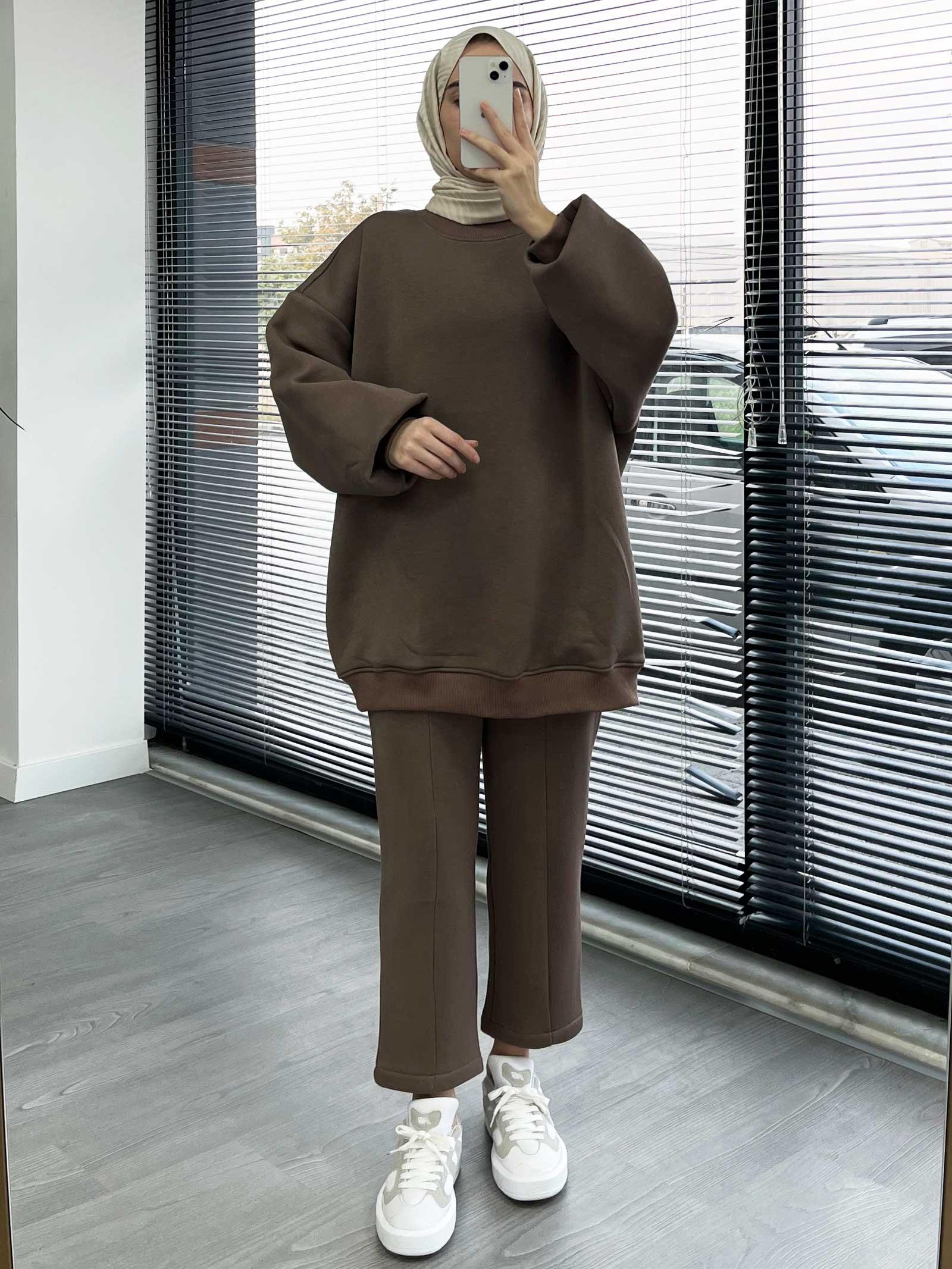 Kahverengi Rahat ve Şık Kadın İkili Eşofman Takımı