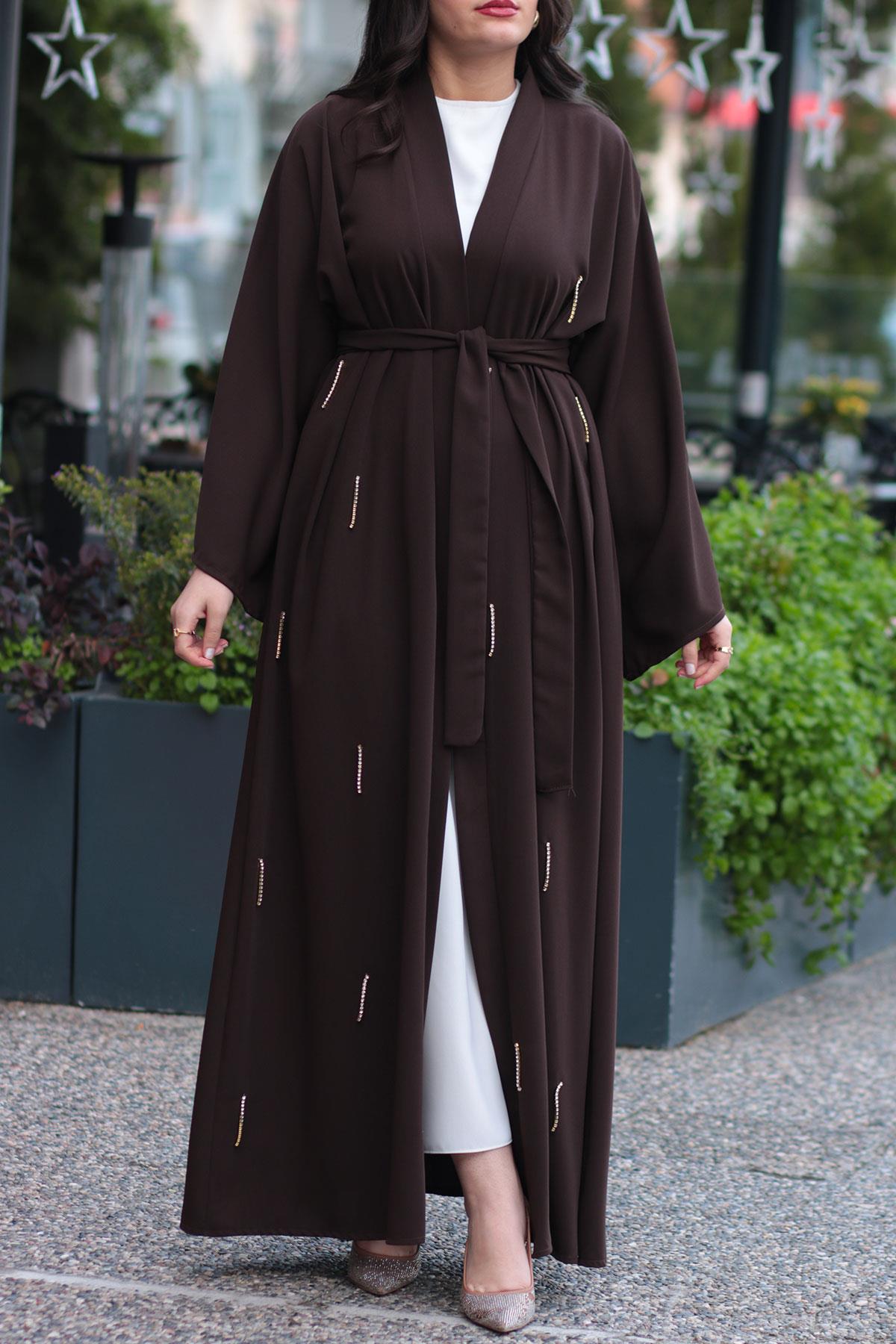 Kahverengi Taşlı Abaya 