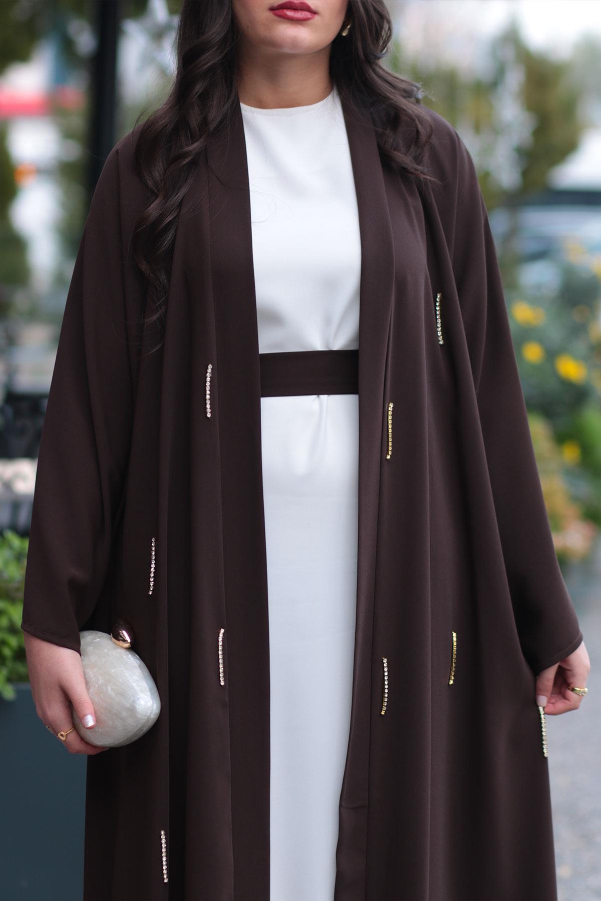 Kahverengi Taşlı Abaya 