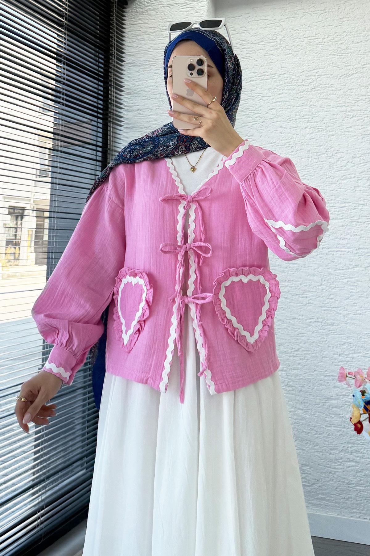 Kalp Form Dikişli Müslin Bağlamalı Kimono -Pembe