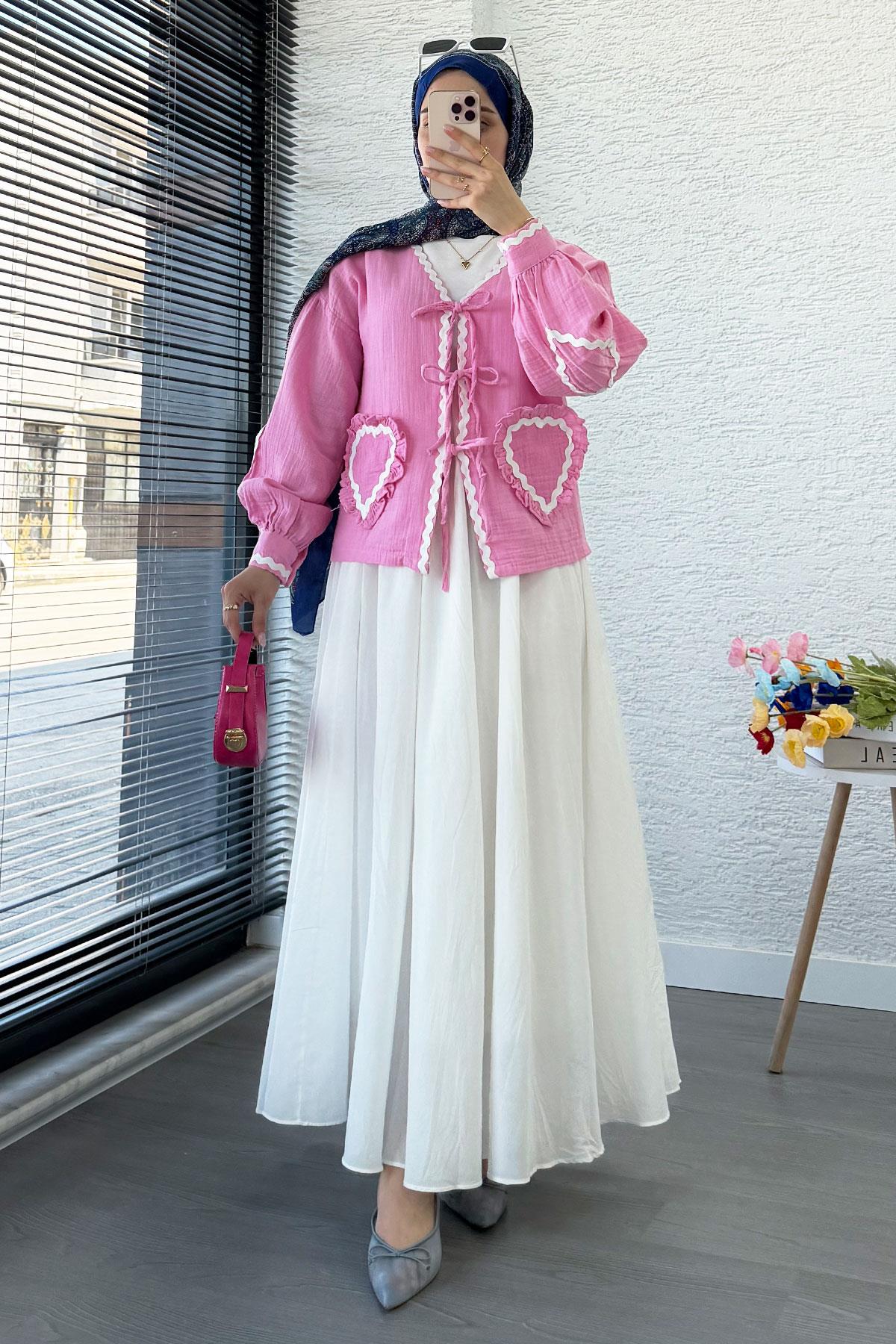 Kalp Form Dikişli Müslin Bağlamalı Kimono -Pembe