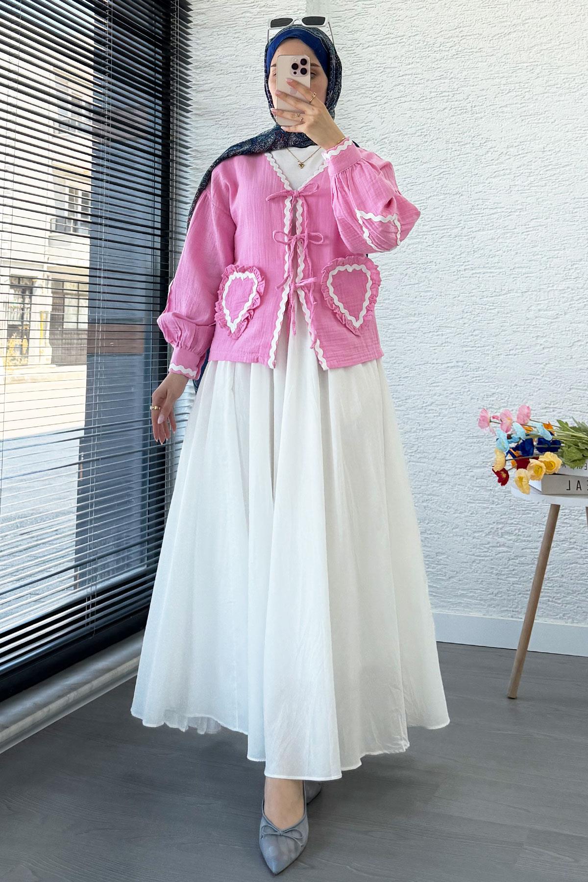 Kalp Form Dikişli Müslin Bağlamalı Kimono -Pembe