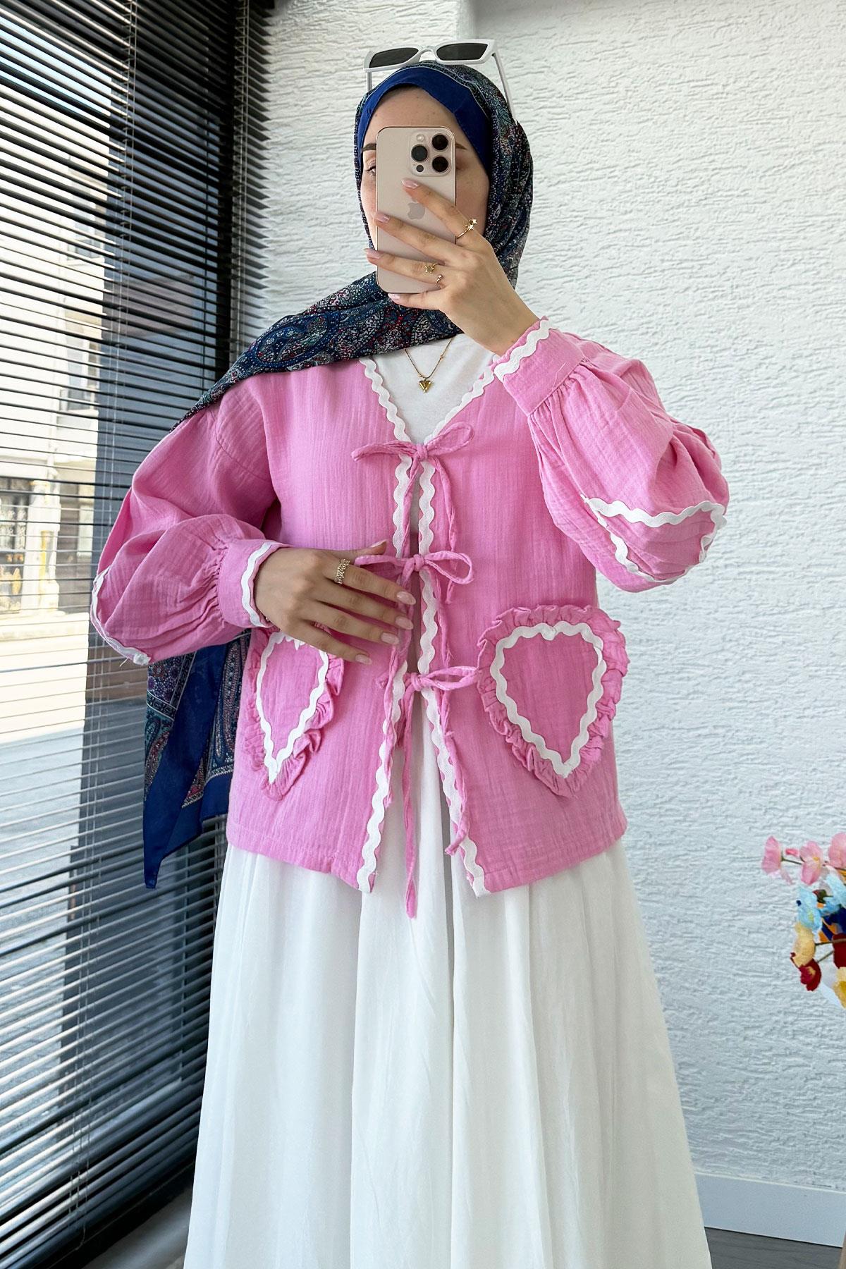 Kalp Form Dikişli Müslin Bağlamalı Kimono -Pembe