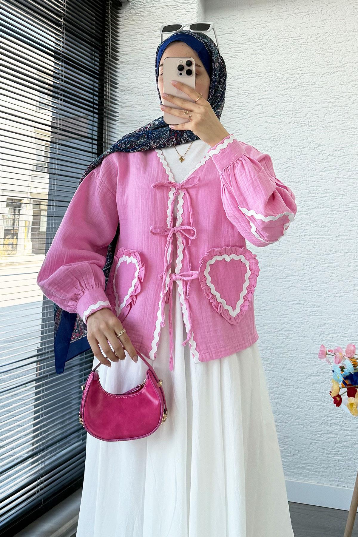 Kalp Form Dikişli Müslin Bağlamalı Kimono -Pembe