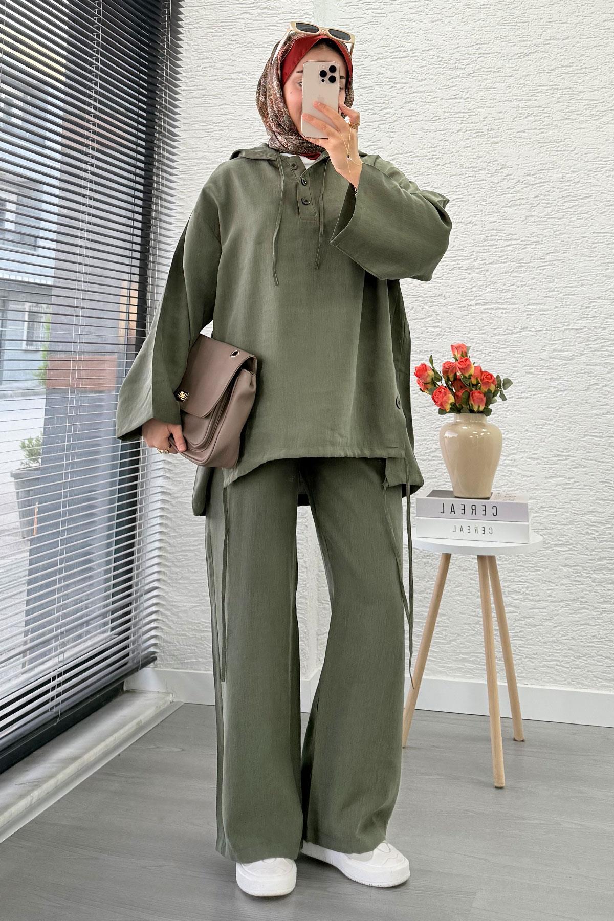 Kapüşonlu Düğme Detaylı Kadın İkili Takım -Haki