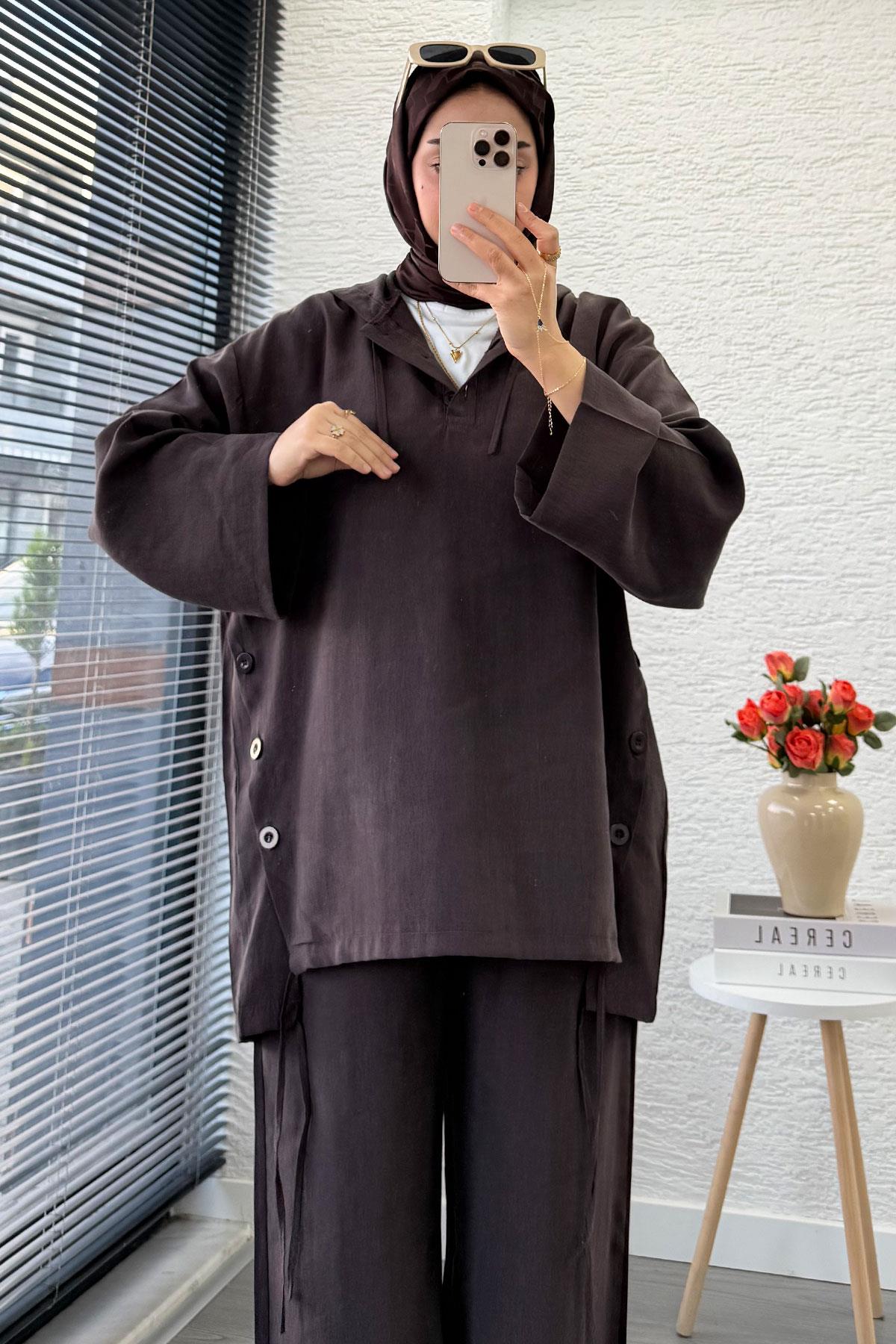 Kapüşonlu Düğme Detaylı Kadın İkili Takım -Kahverengi