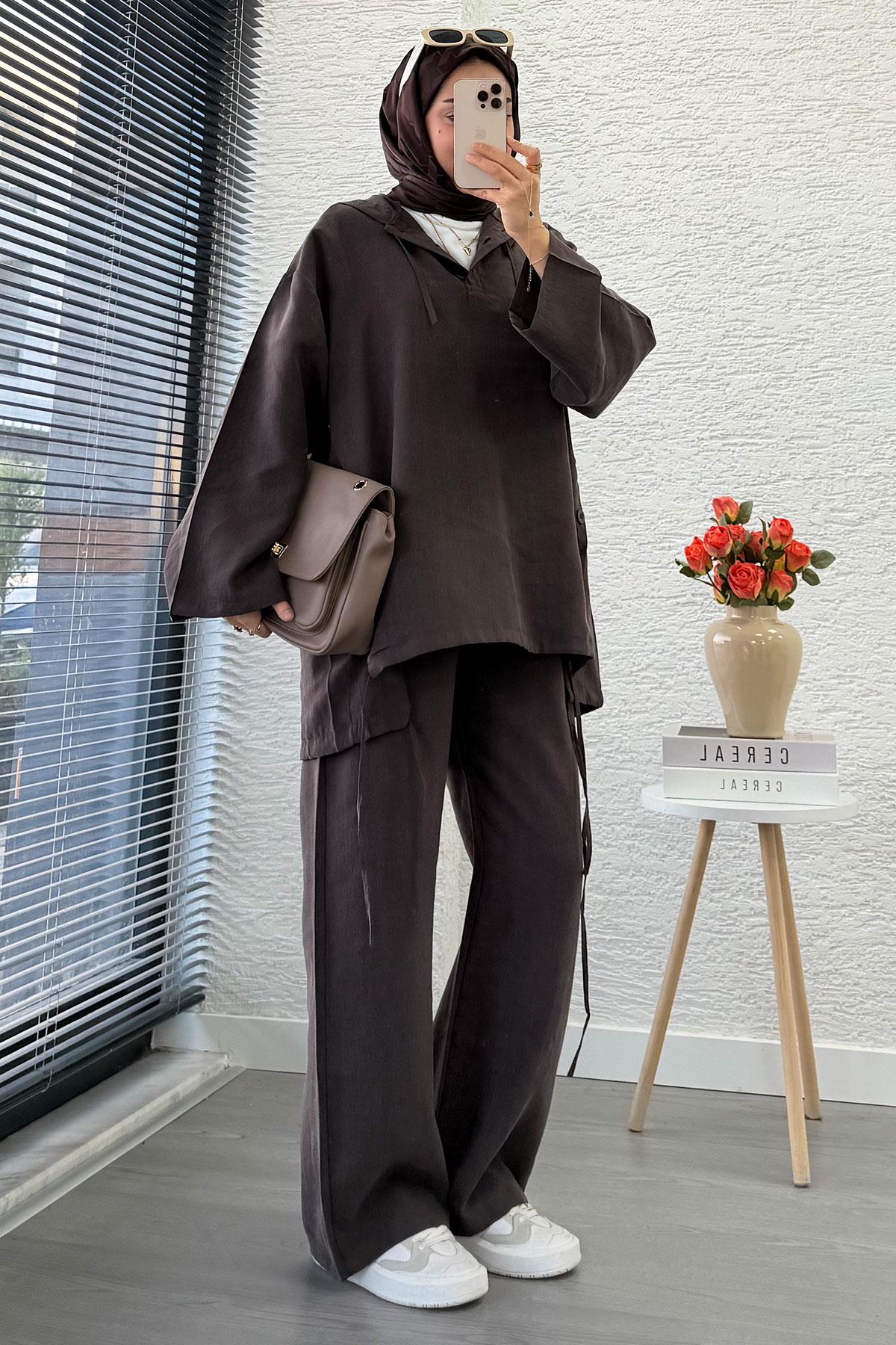 Kapüşonlu Düğme Detaylı Kadın İkili Takım -Kahverengi