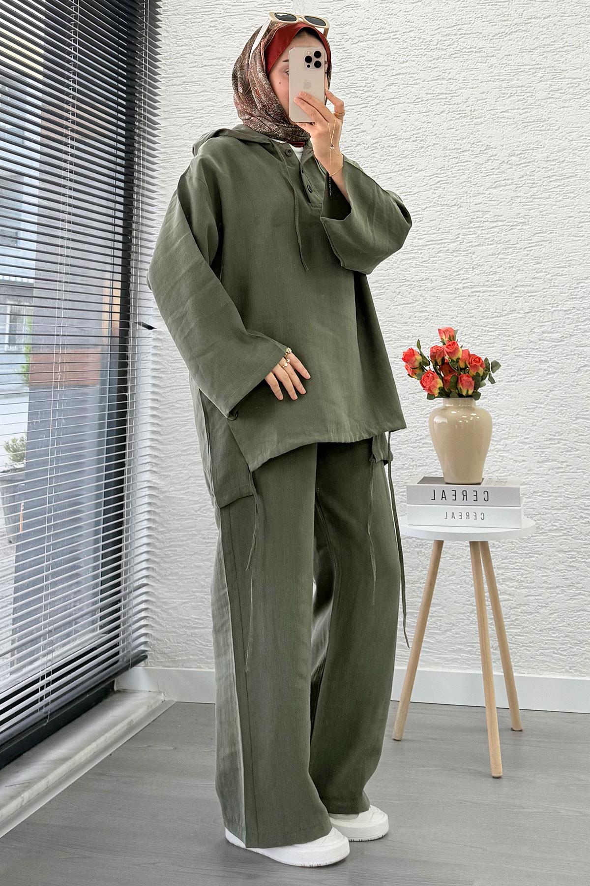 Kapüşonlu Düğme Detaylı Kadın İkili Takım -Haki