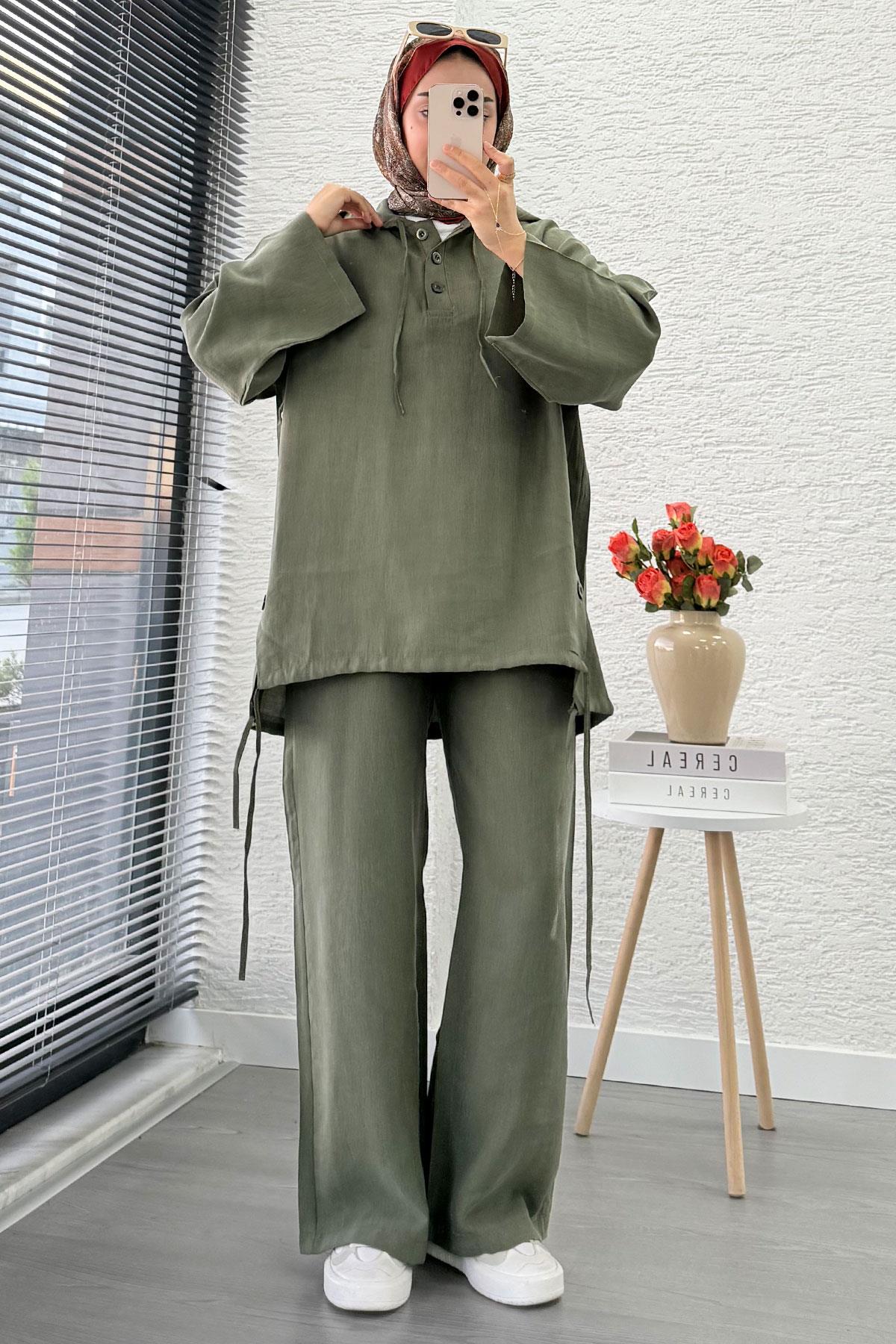 Kapüşonlu Düğme Detaylı Kadın İkili Takım -Haki