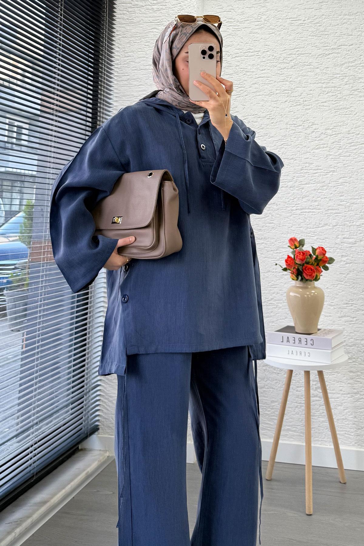 Kapüşonlu Düğme Detaylı Kadın İkili Takım -İndigo