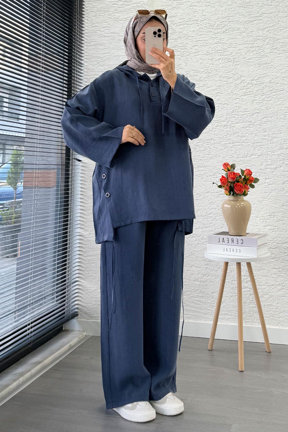 Kapüşonlu Düğme Detaylı Kadın İkili Takım -İndigo