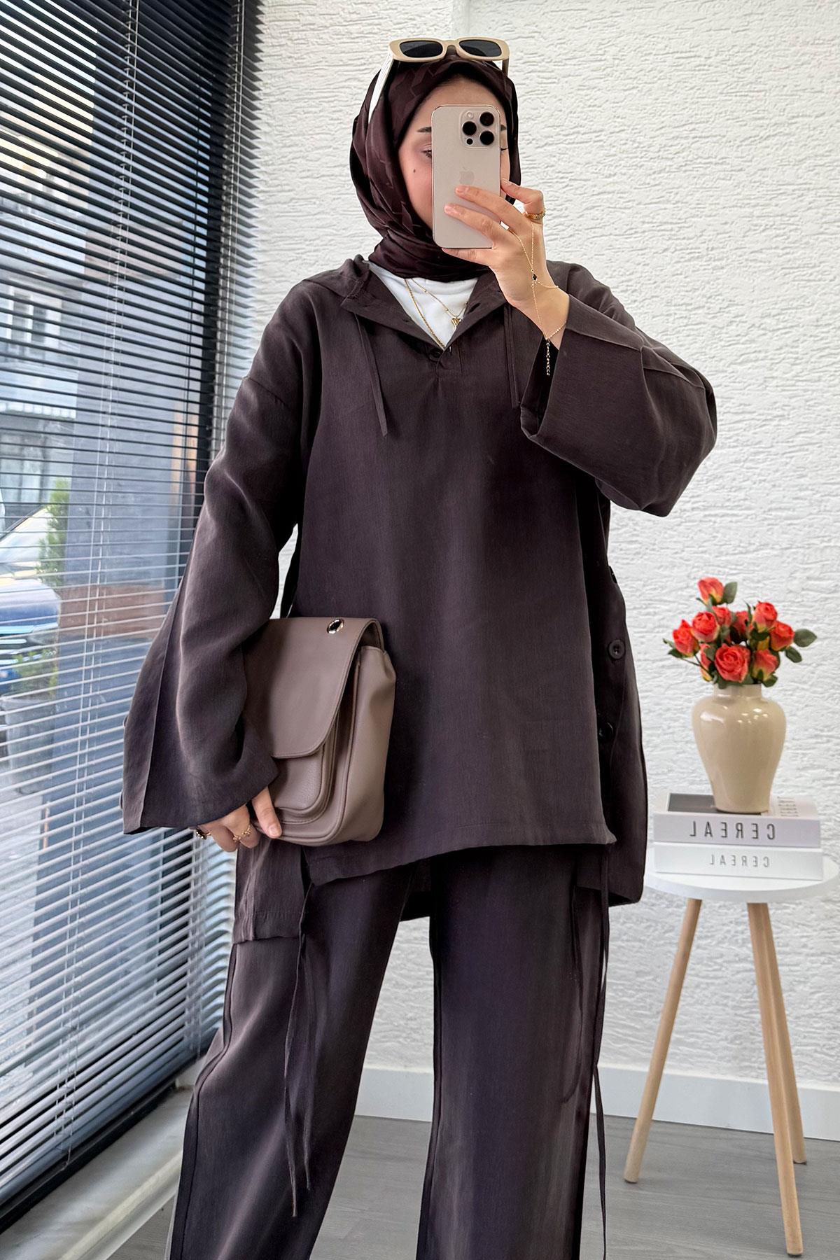 Kapüşonlu Düğme Detaylı Kadın İkili Takım -Kahverengi