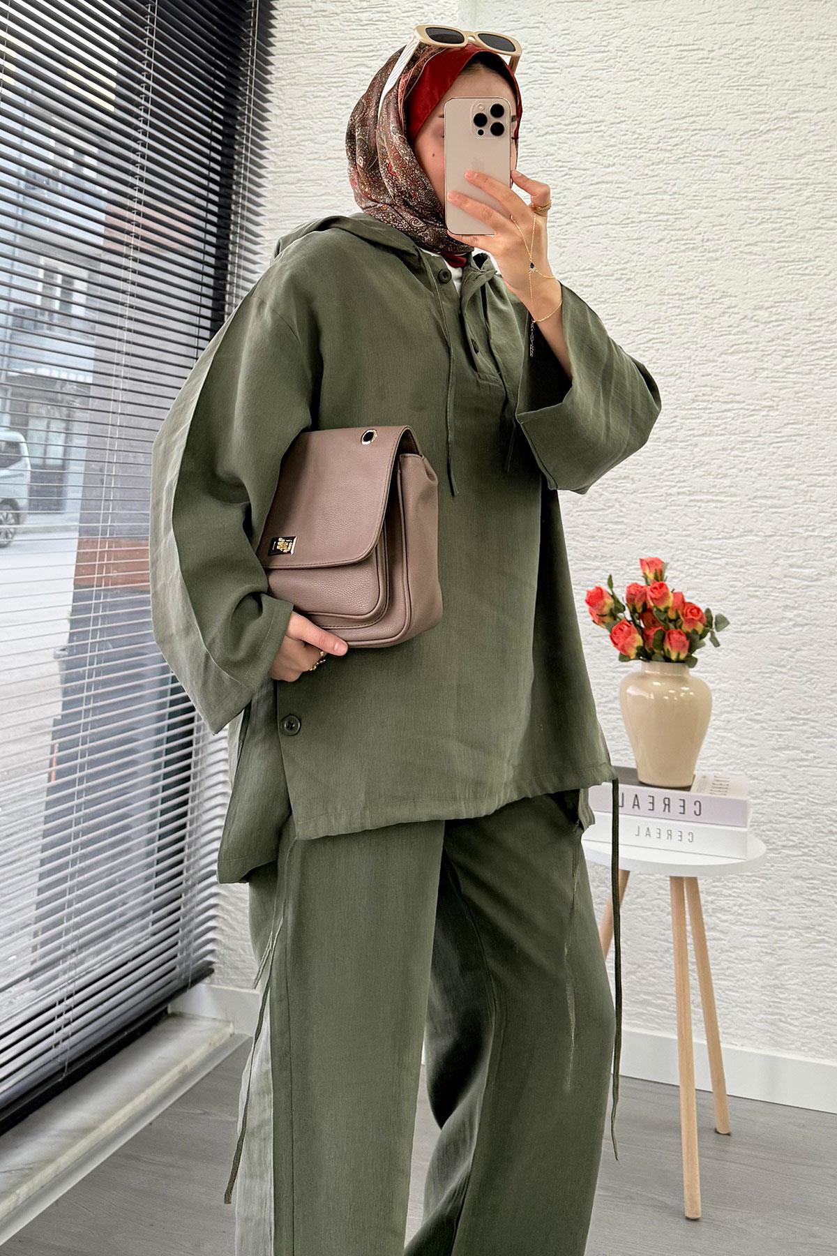 Kapüşonlu Düğme Detaylı Kadın İkili Takım -Haki