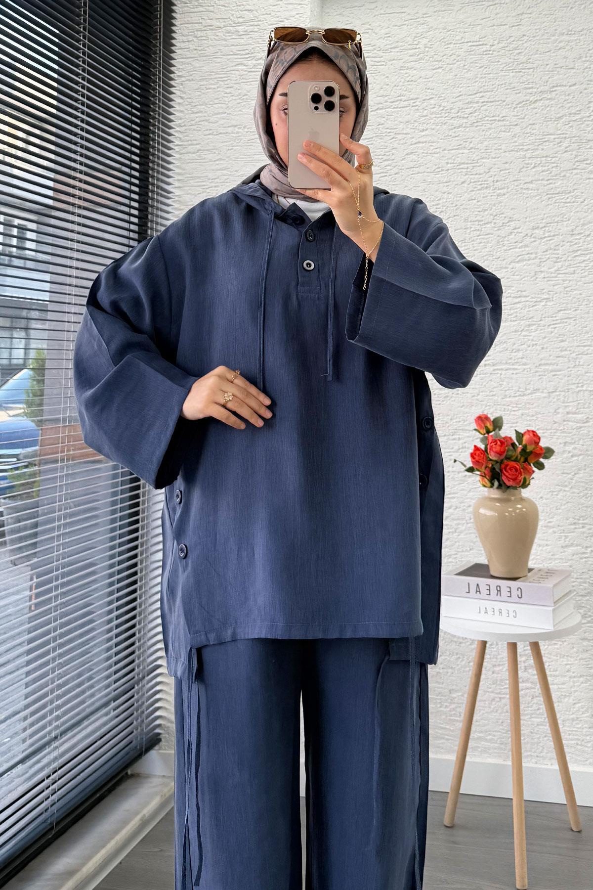 Kapüşonlu Düğme Detaylı Kadın İkili Takım -İndigo