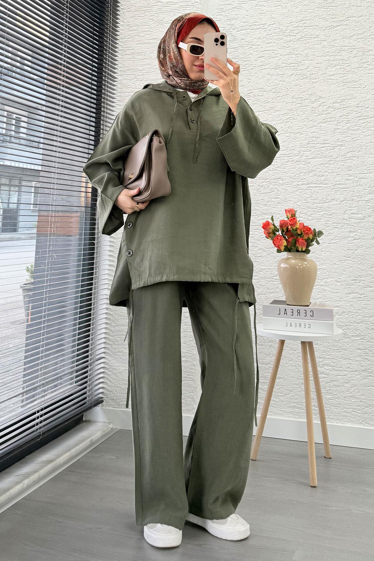 Kapüşonlu Düğme Detaylı Kadın İkili Takım -Haki