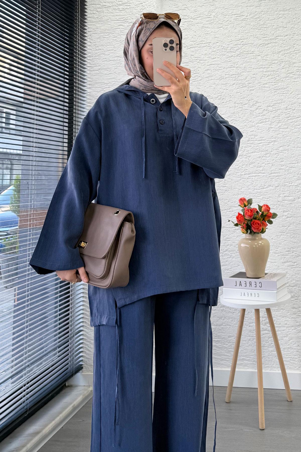 Kapüşonlu Düğme Detaylı Kadın İkili Takım -İndigo