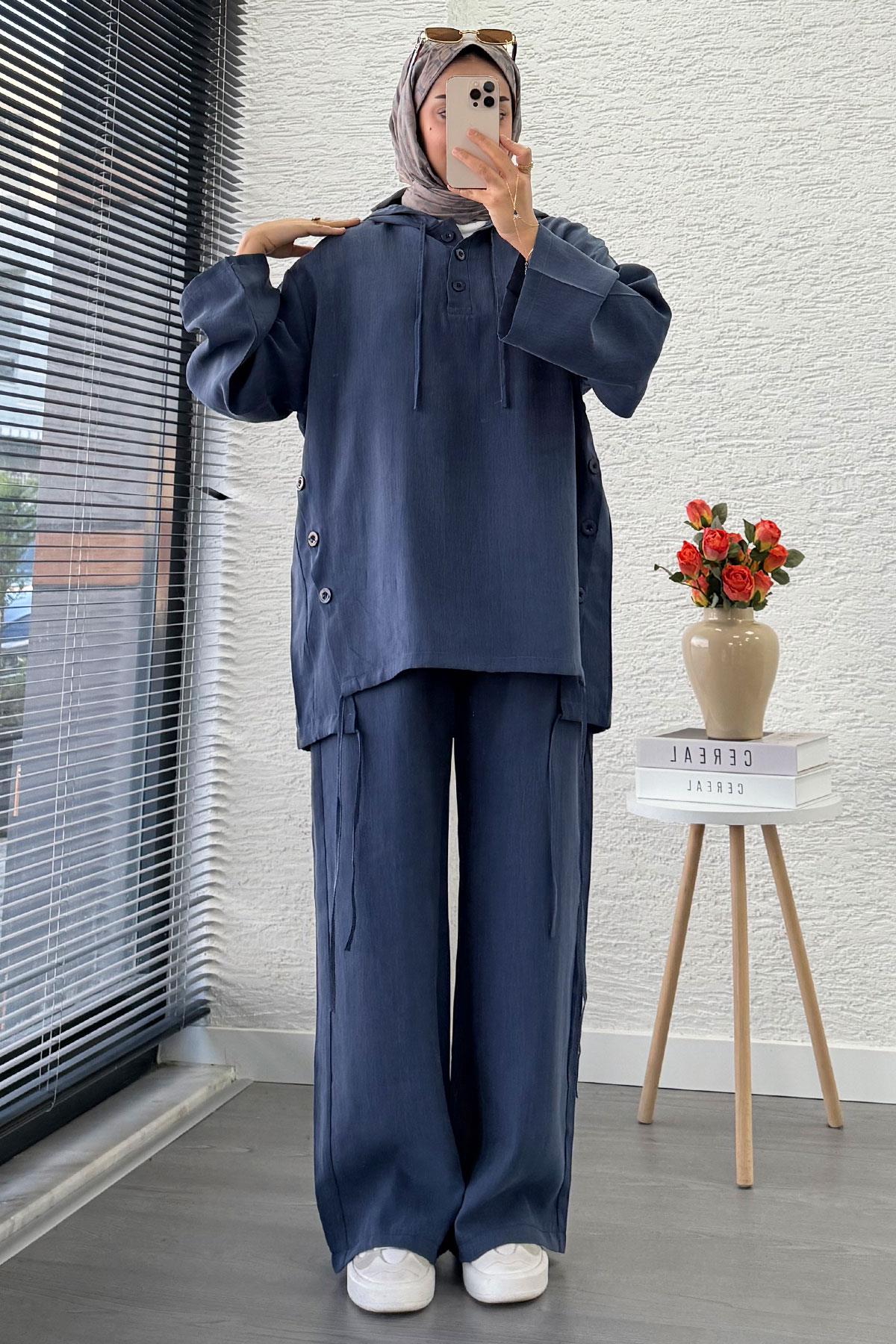 Kapüşonlu Düğme Detaylı Kadın İkili Takım -İndigo