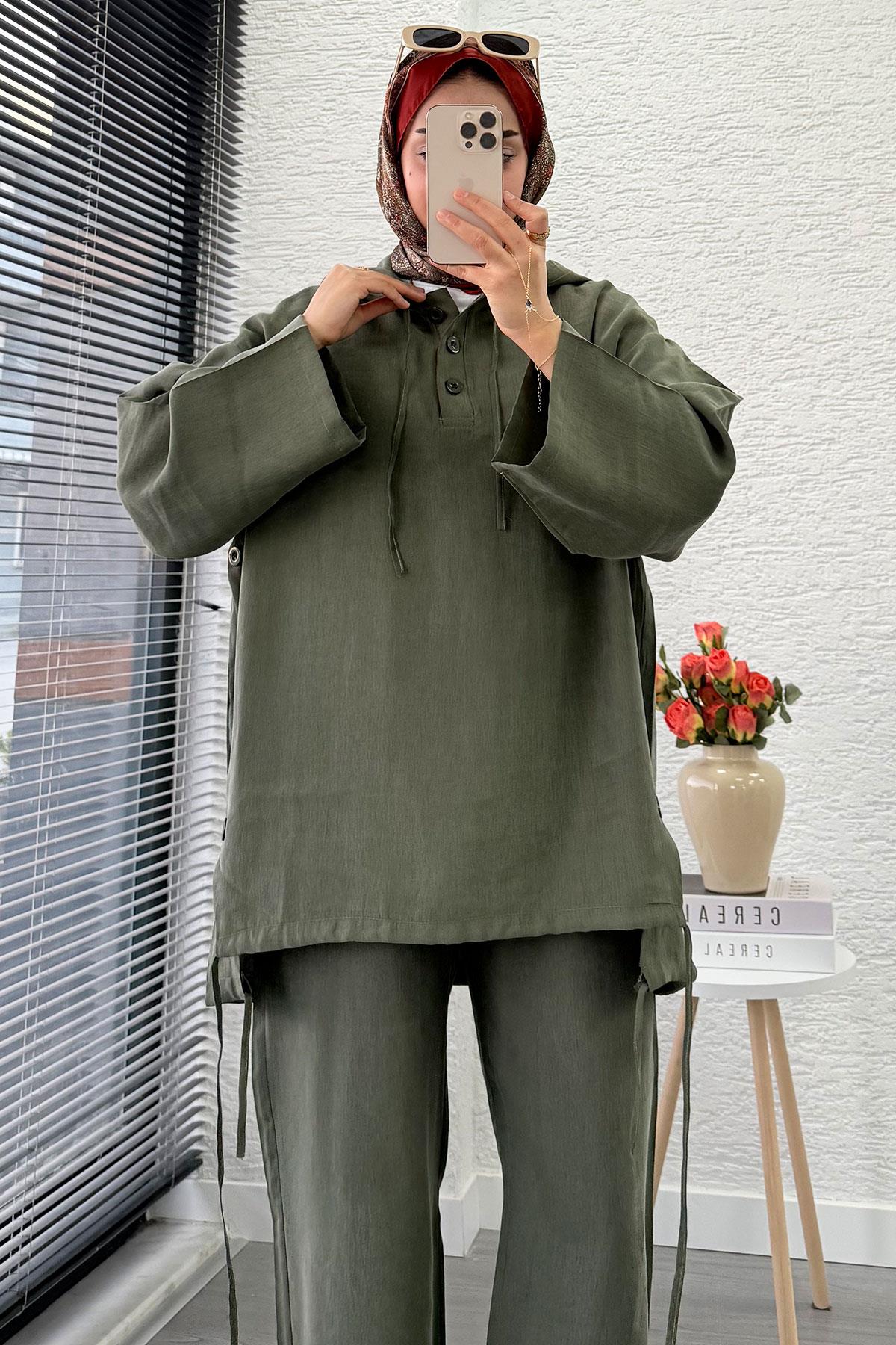 Kapüşonlu Düğme Detaylı Kadın İkili Takım -Haki