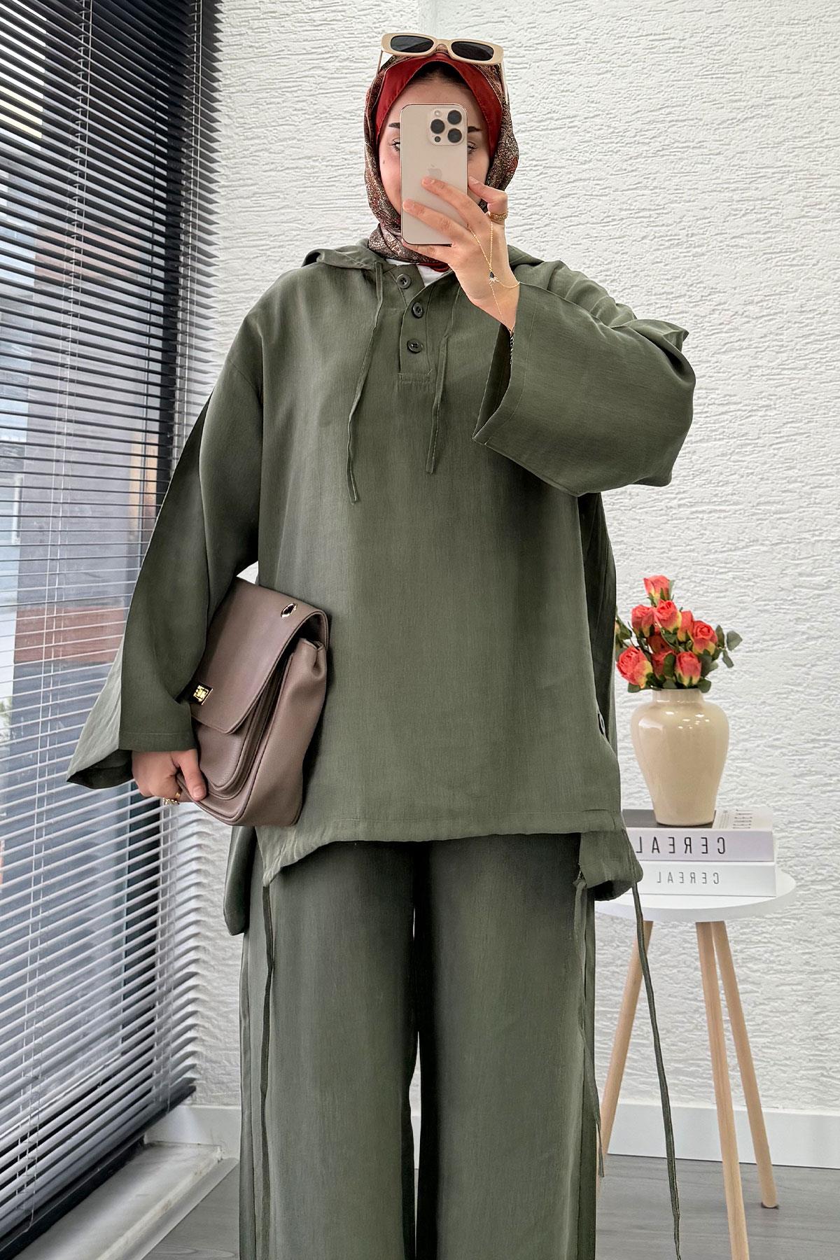 Kapüşonlu Düğme Detaylı Kadın İkili Takım -Haki