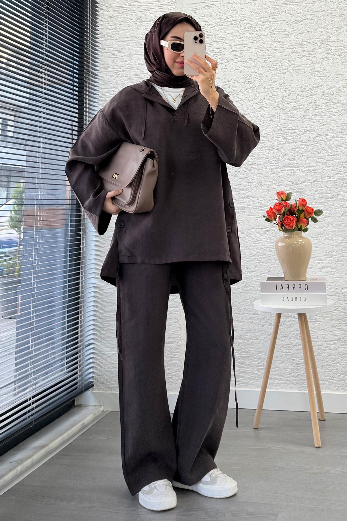 Kapüşonlu Düğme Detaylı Kadın İkili Takım -Kahverengi