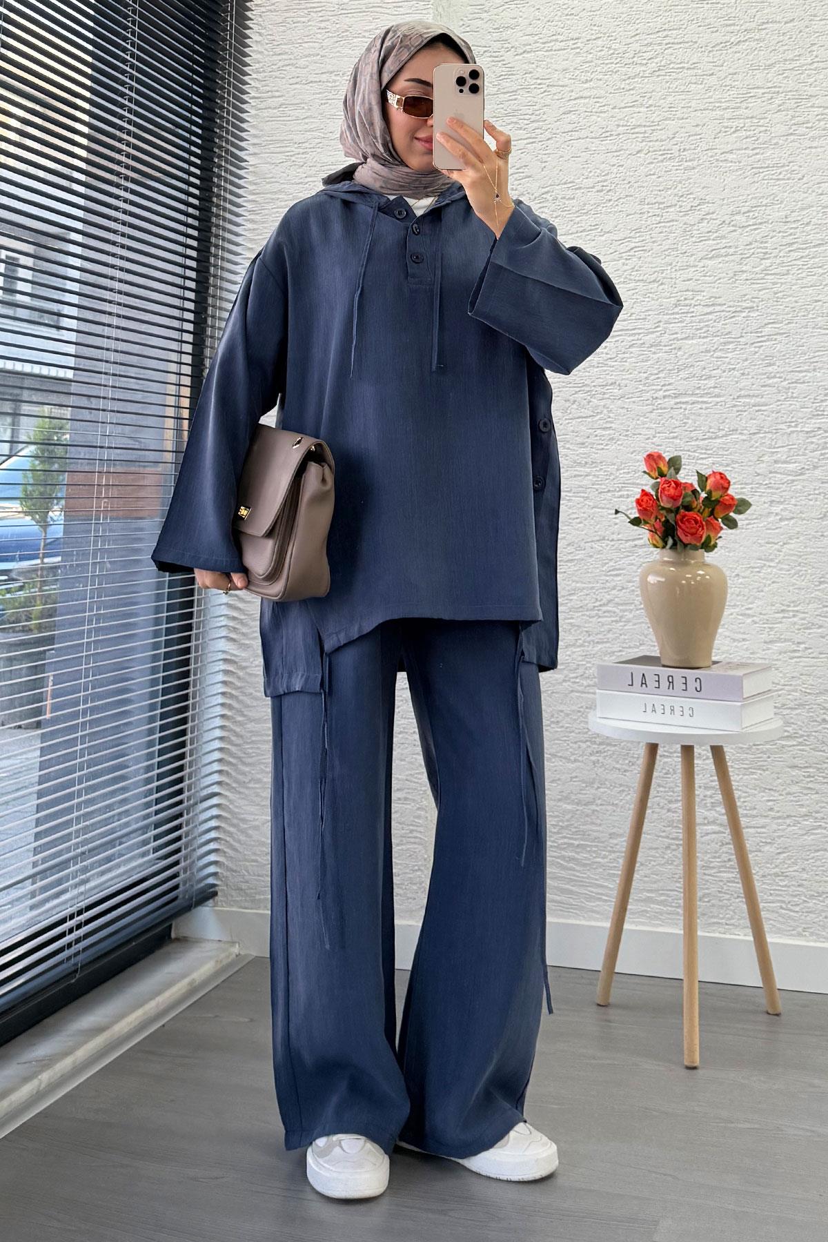 Kapüşonlu Düğme Detaylı Kadın İkili Takım -İndigo